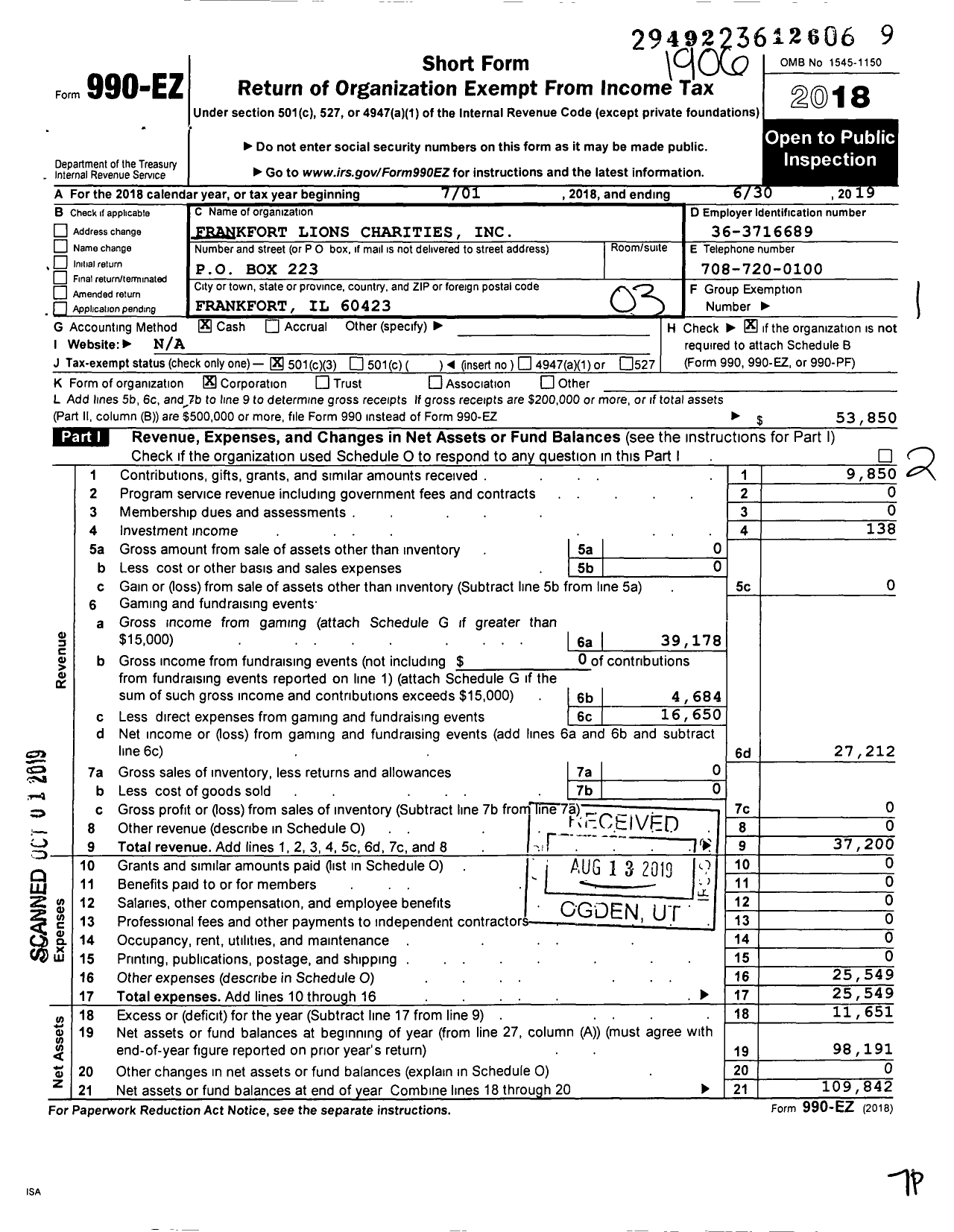 Image of first page of 2018 Form 990EZ for Frankfort Lions Charities