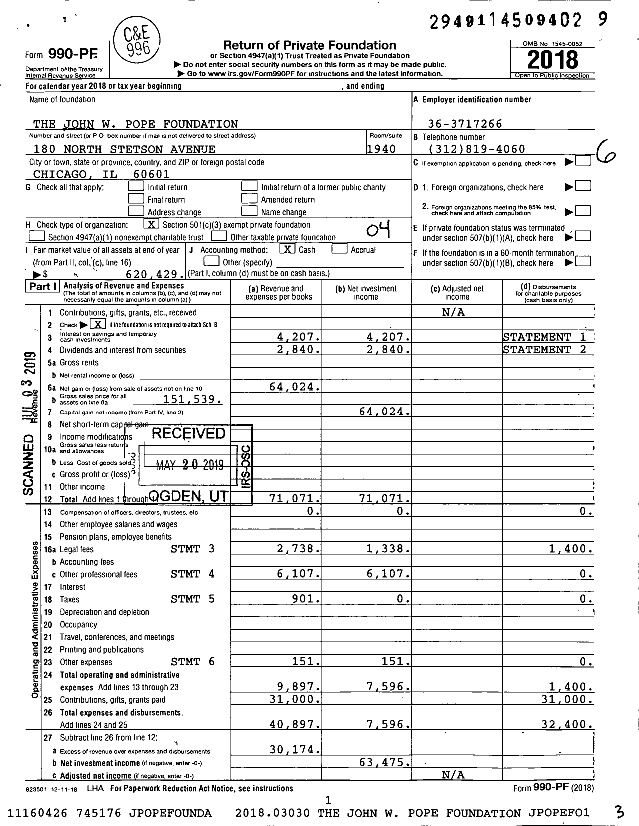 Image of first page of 2018 Form 990PF for John W Pope Foundation