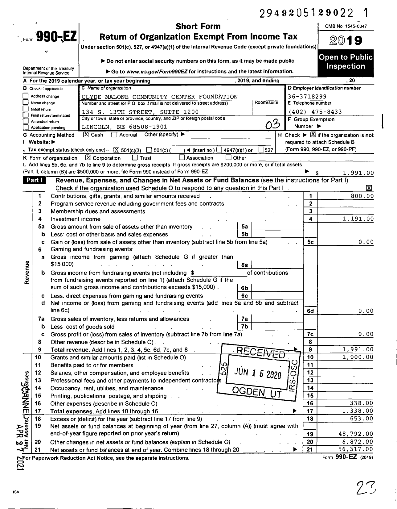 Image of first page of 2019 Form 990EZ for Clyde Malone Community Center Foundation