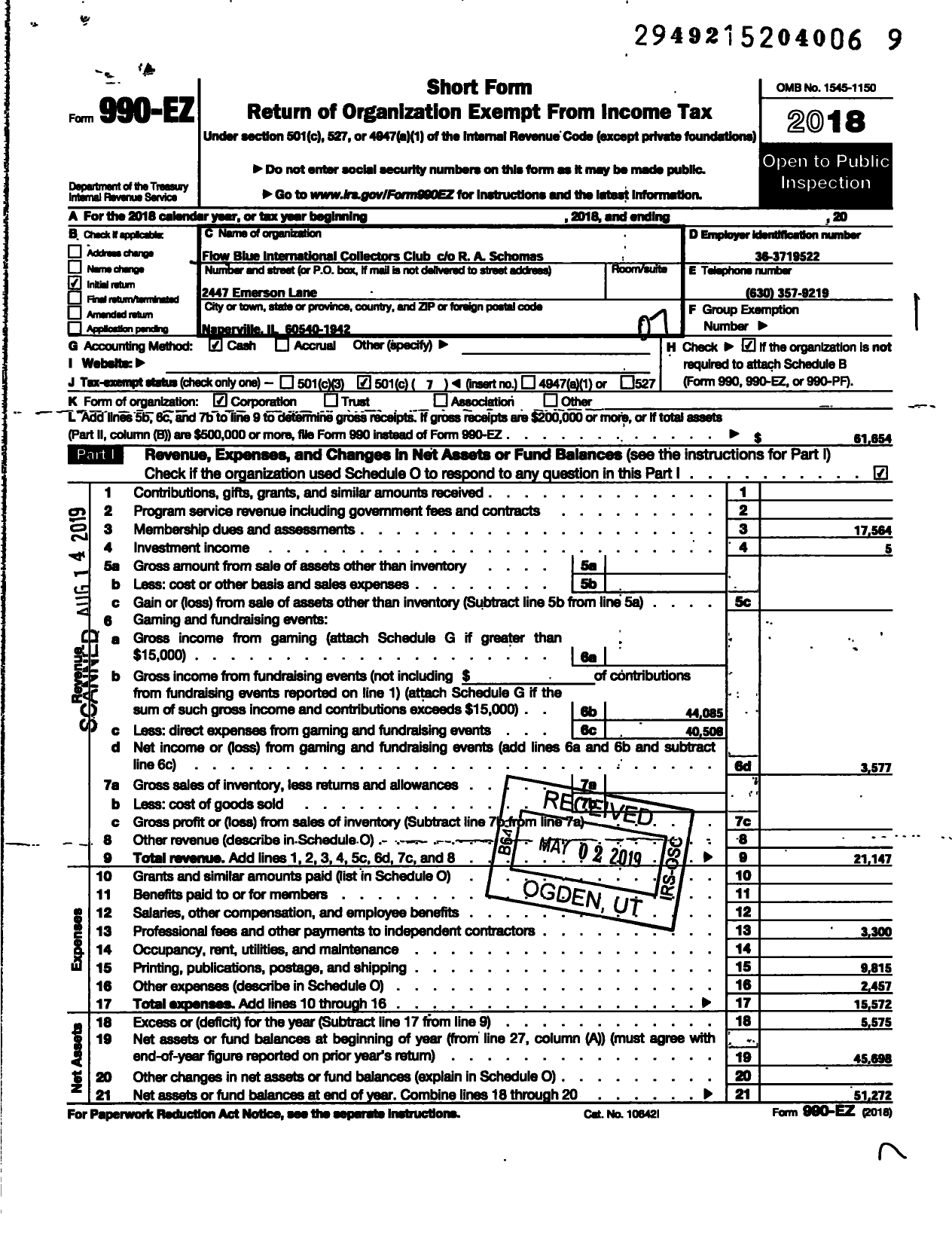 Image of first page of 2018 Form 990EO for Flow Blue International Collectors