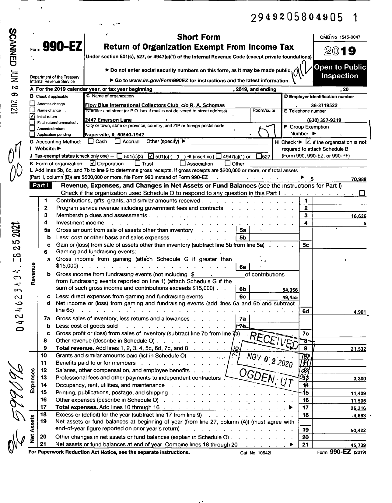 Image of first page of 2019 Form 990EO for Flow Blue International Collectors