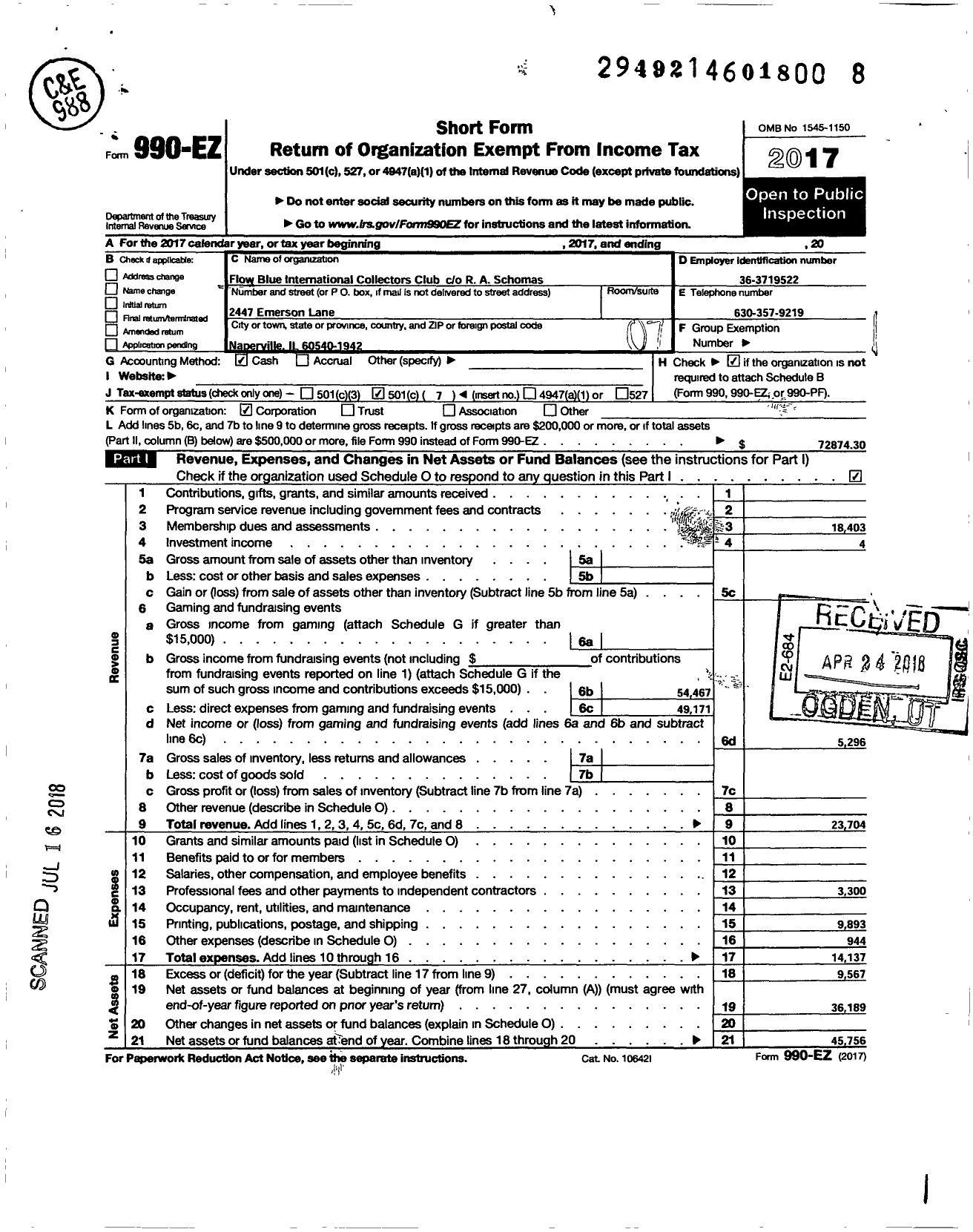 Image of first page of 2017 Form 990EO for Flow Blue International Collectors