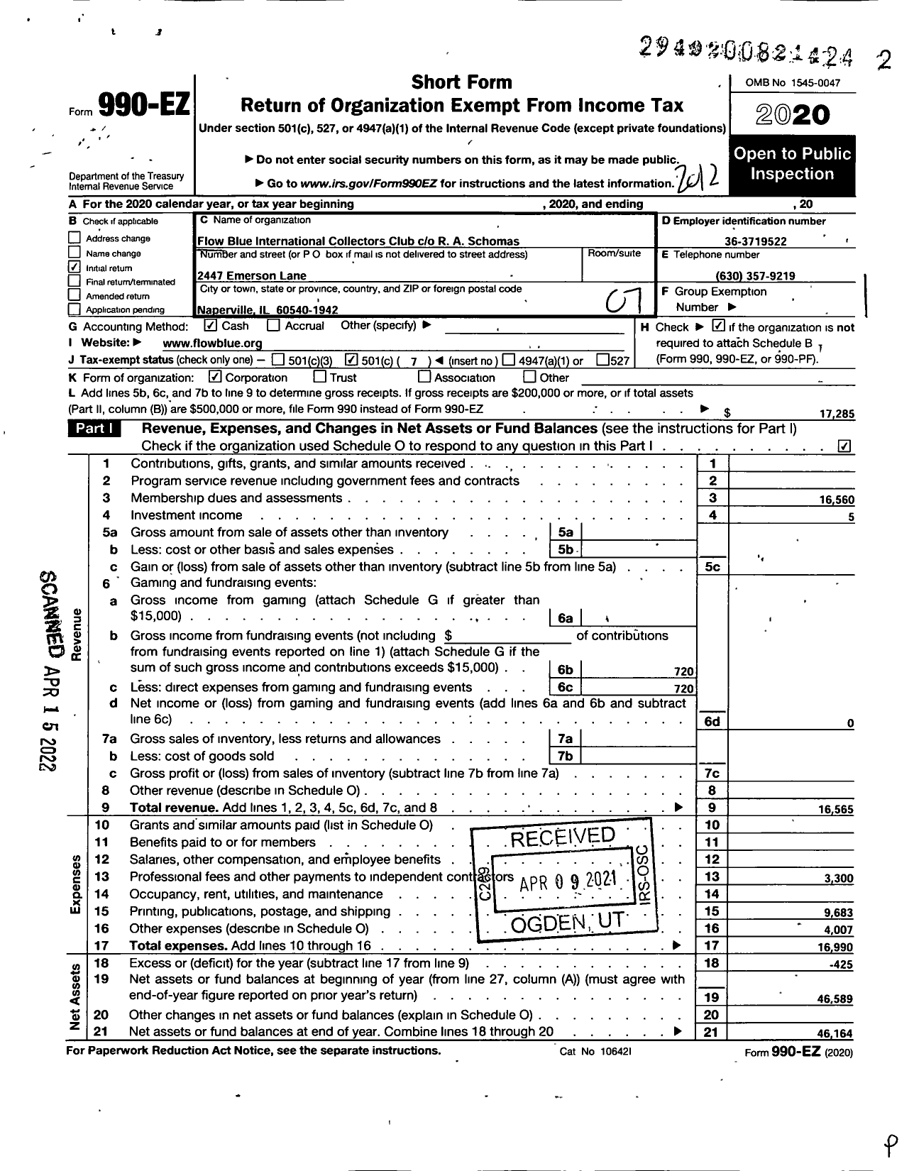 Image of first page of 2020 Form 990EO for Flow Blue International Collectors