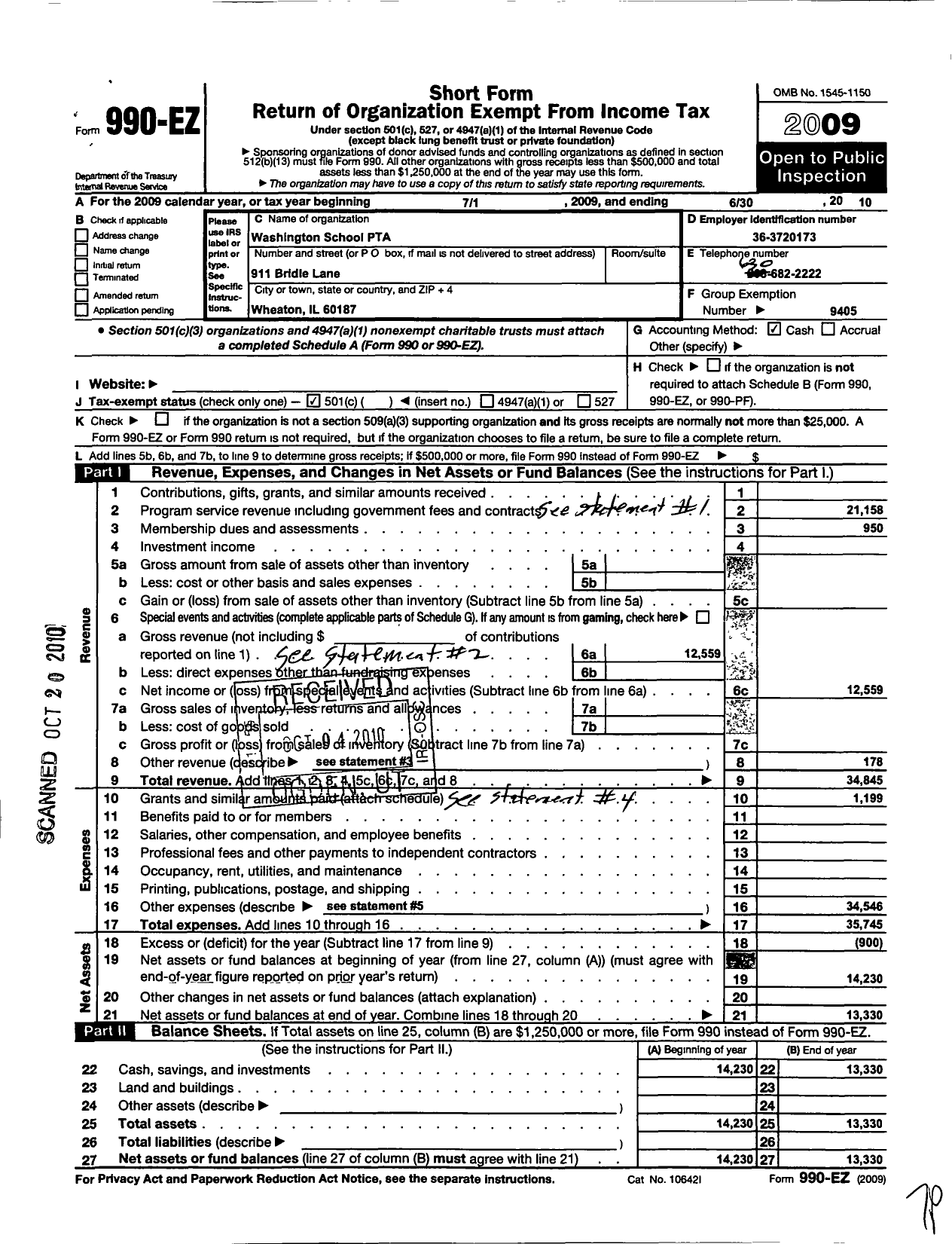 Image of first page of 2009 Form 990EO for Illinois PTA - Washington Elem School PTA