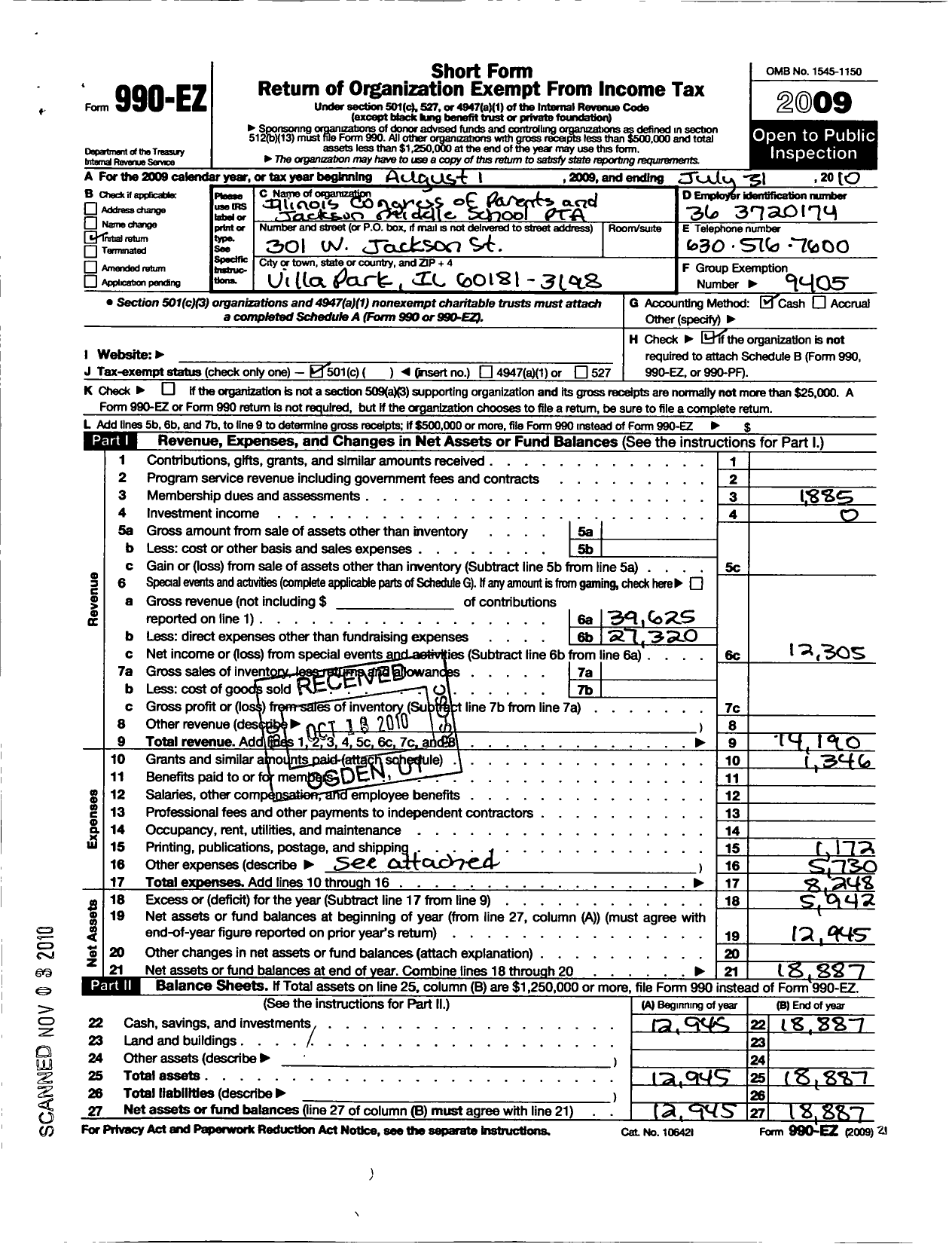 Image of first page of 2009 Form 990EO for Illinois PTA - Jackson Middle School Ptai