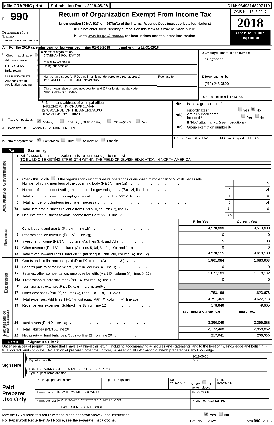 Image of first page of 2018 Form 990 for Covenant Foundation