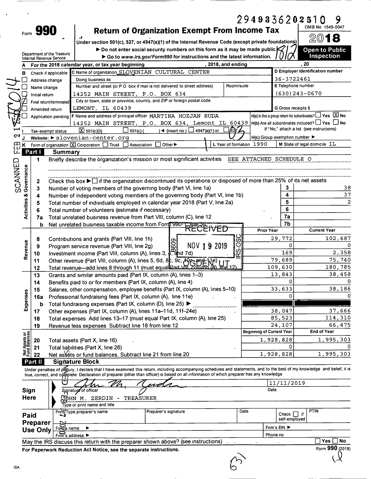 Image of first page of 2018 Form 990 for Slovenian Cultural Center