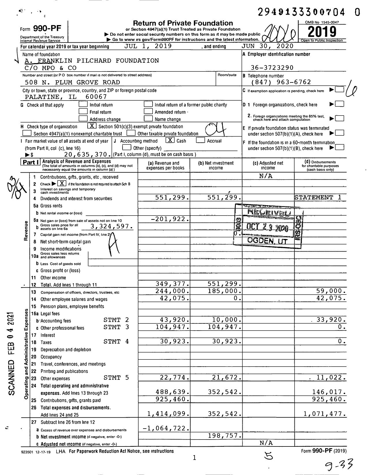 Image of first page of 2019 Form 990PF for A Franklin Pilchard Foundation