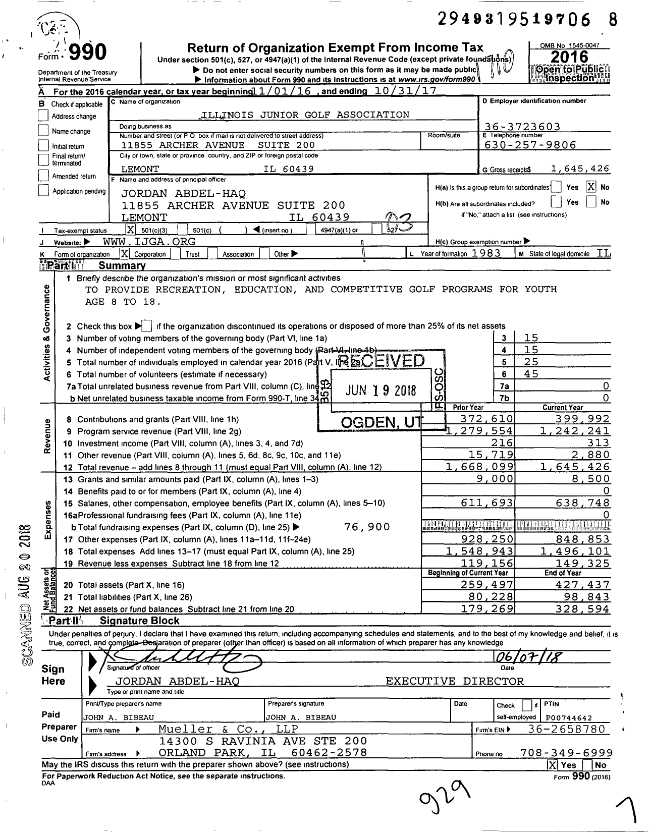 Image of first page of 2016 Form 990 for Illinois Junior Golf Association