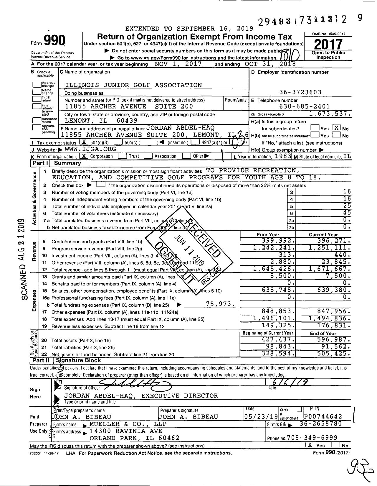 Image of first page of 2017 Form 990 for Illinois Junior Golf Association