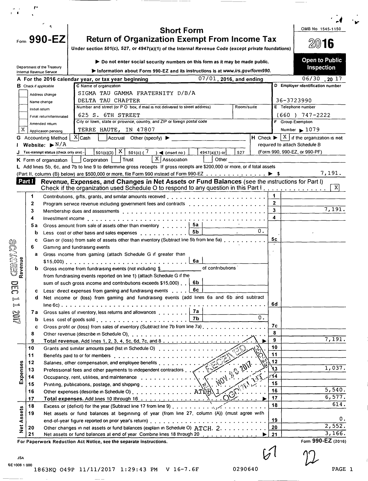 Image of first page of 2016 Form 990EO for Sigma Tau Gamma Fraternity