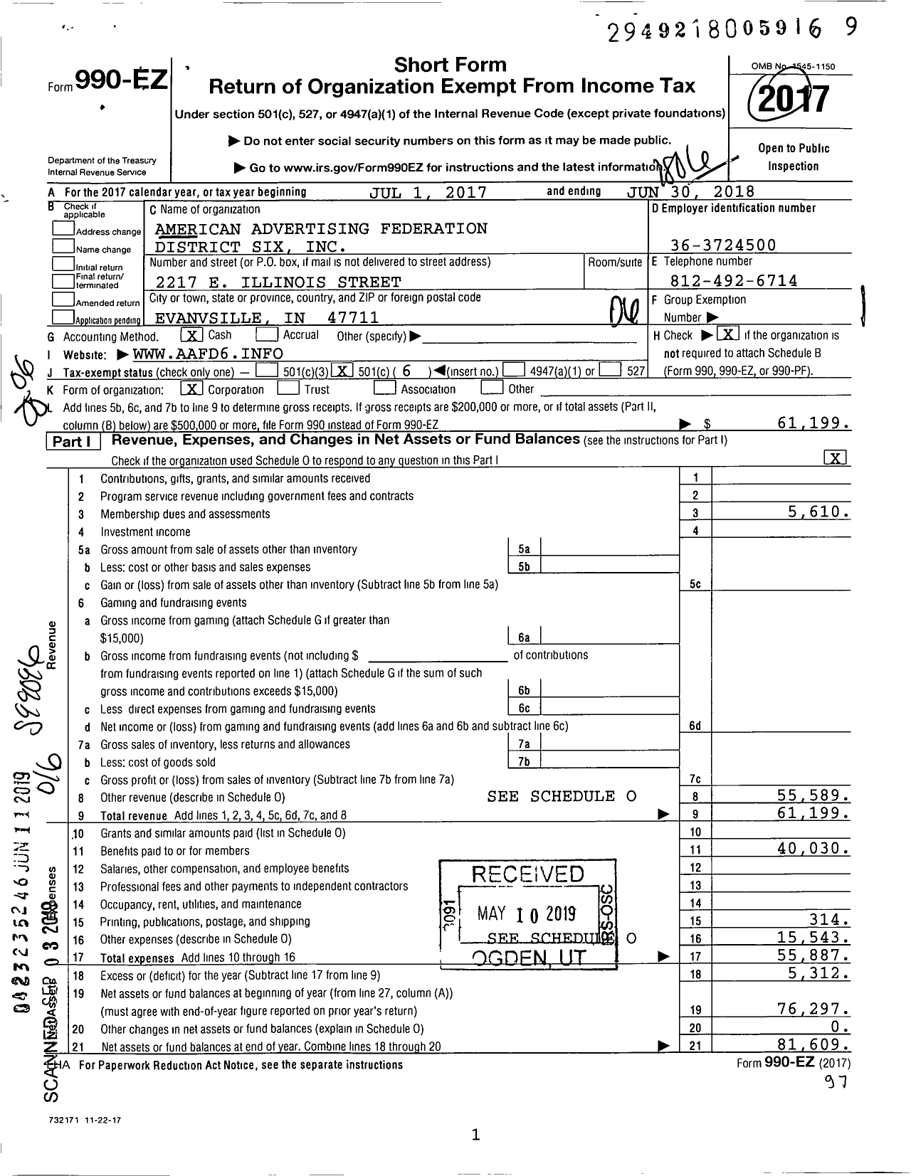 Image of first page of 2017 Form 990EO for American Advertising Federation District Six