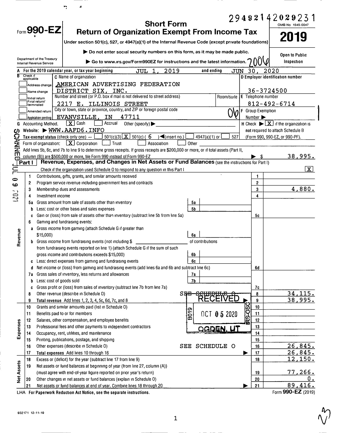 Image of first page of 2019 Form 990EO for American Advertising Federation District Six