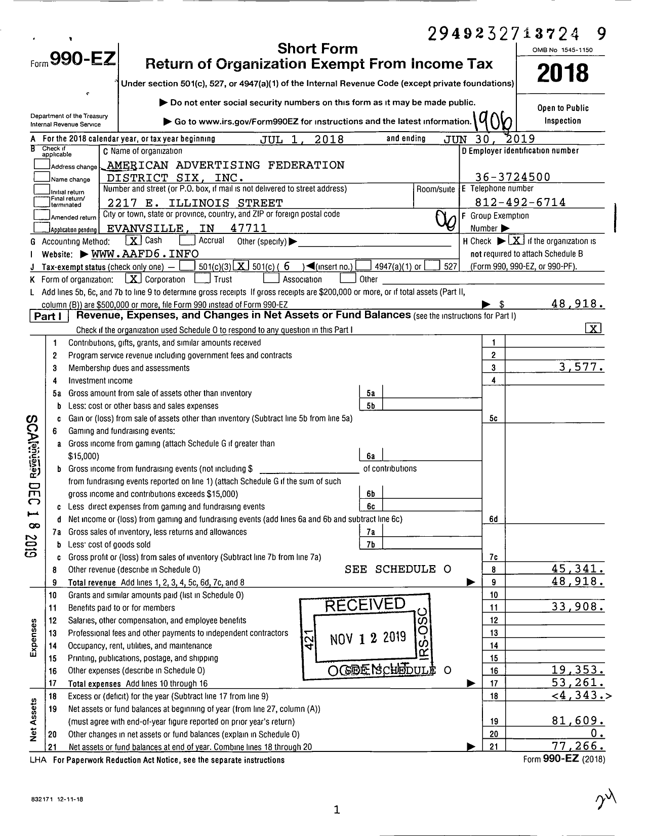 Image of first page of 2018 Form 990EO for American Advertising Federation District Six