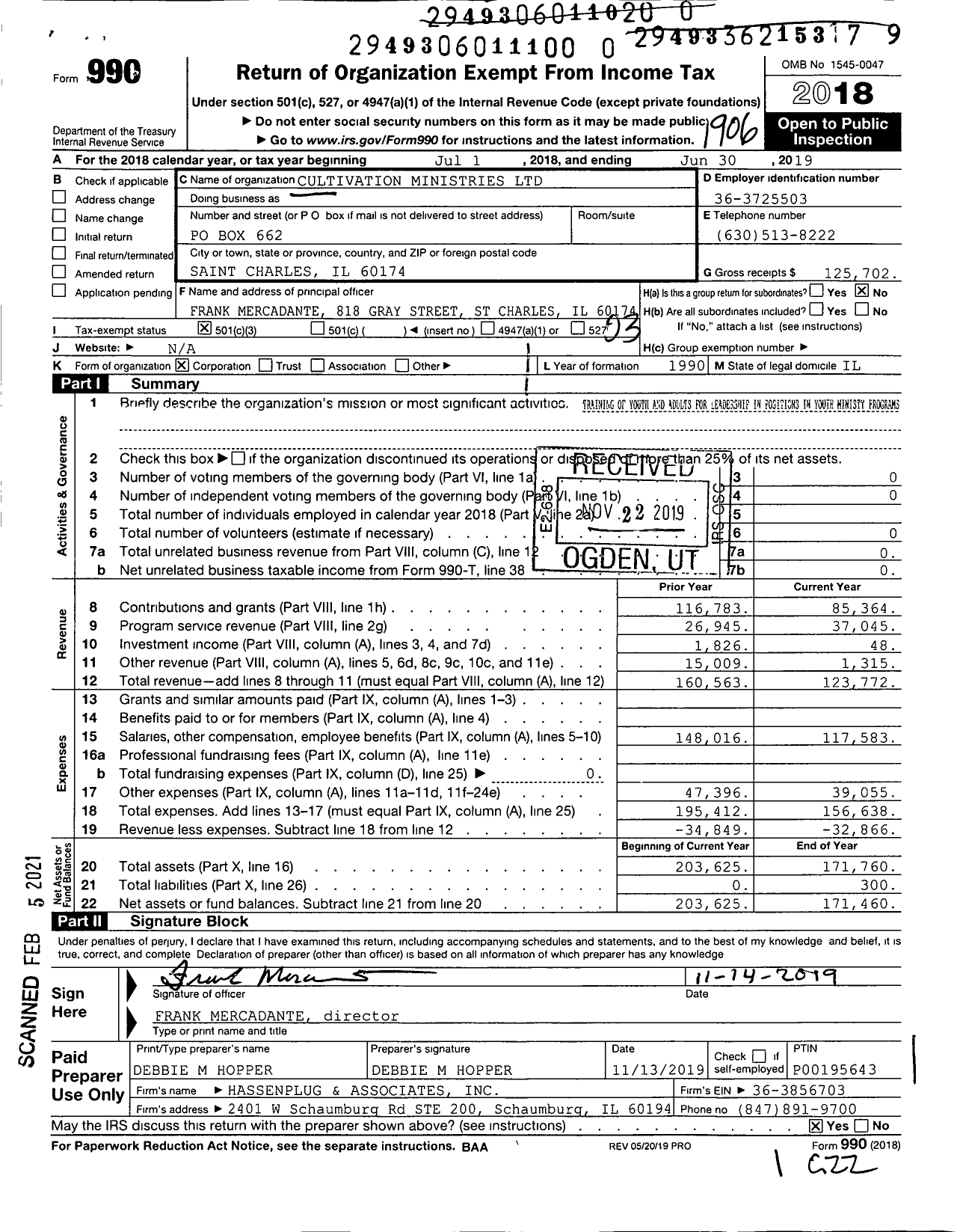 Image of first page of 2018 Form 990 for Cultivation Ministries