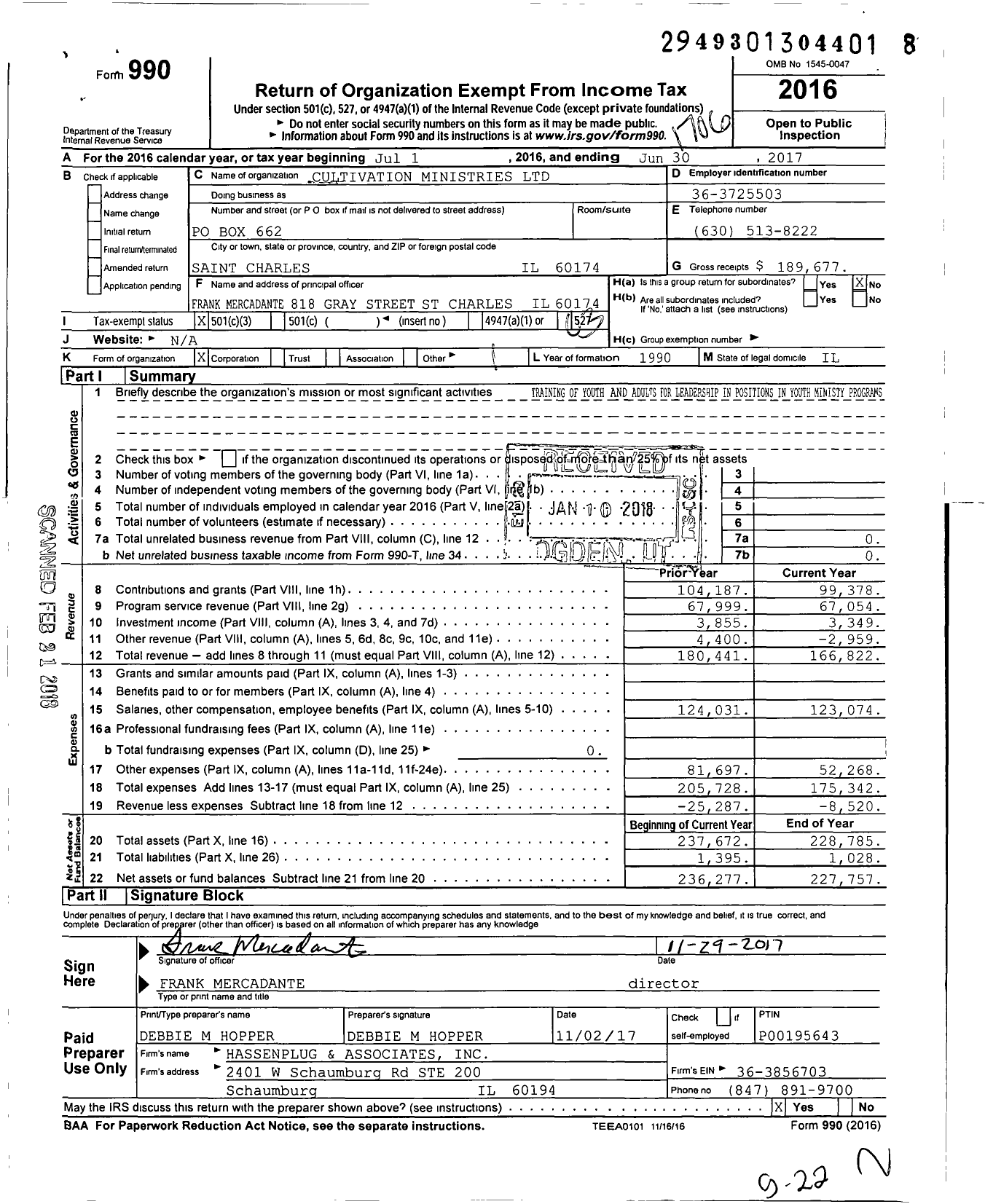 Image of first page of 2016 Form 990 for Cultivation Ministries