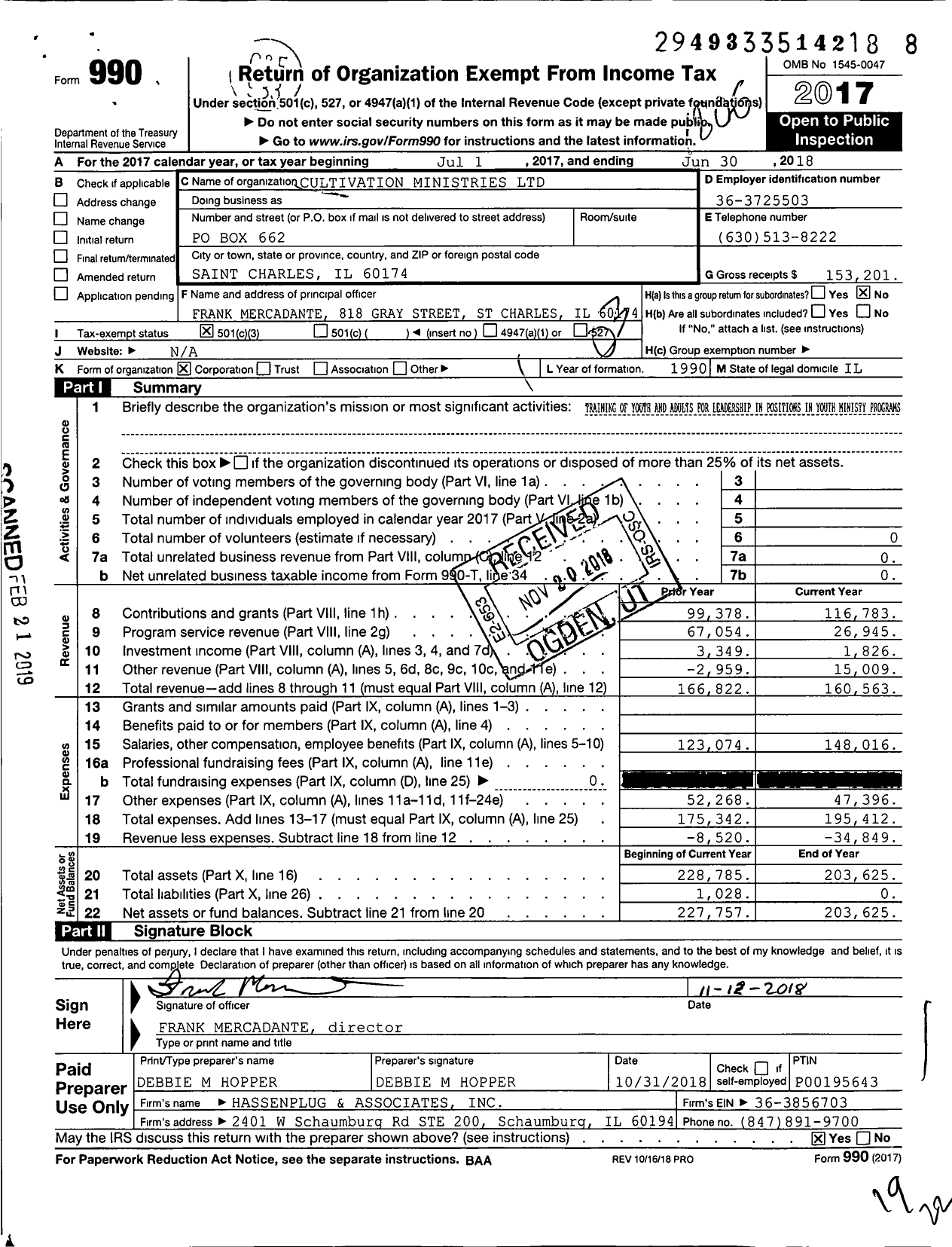 Image of first page of 2017 Form 990 for Cultivation Ministries