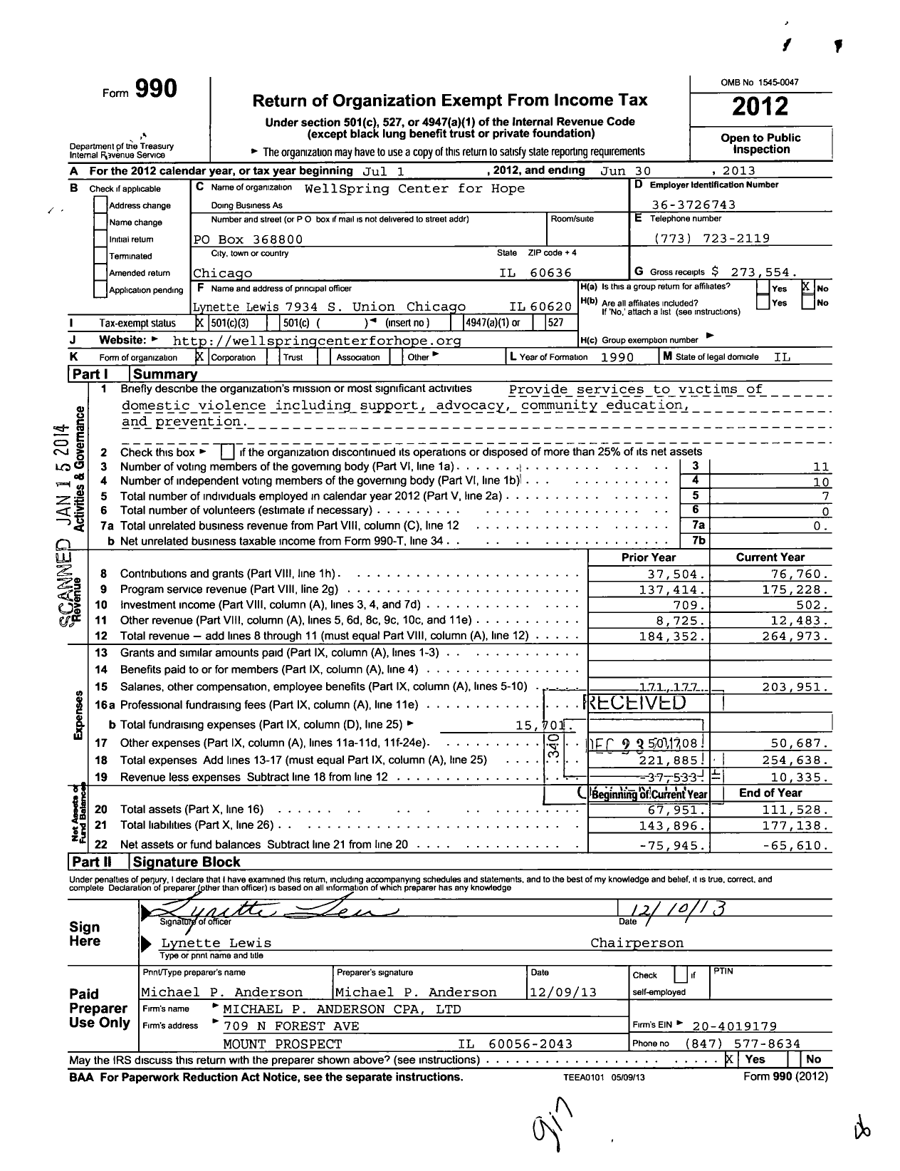 Image of first page of 2012 Form 990 for WellSpring Center for Hope