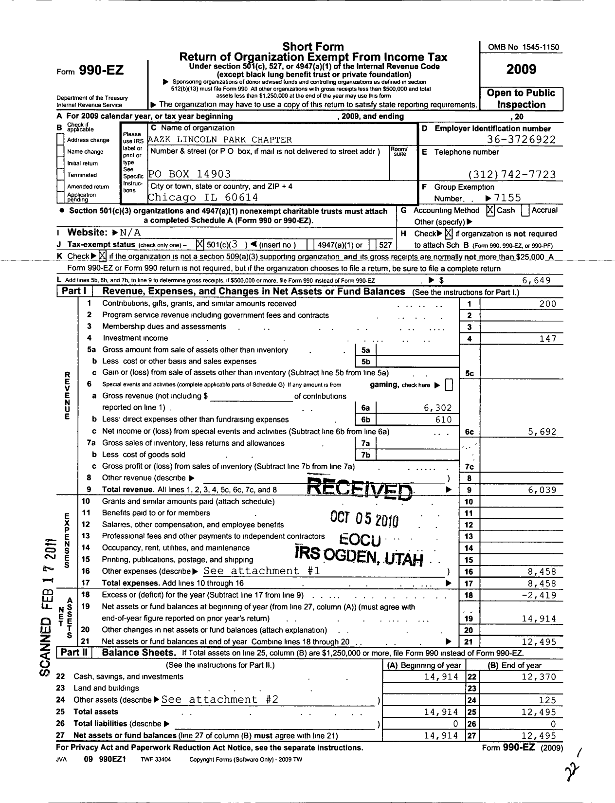 Image of first page of 2009 Form 990EZ for American Association of Zoo Keepers / Lincoln Park Aazk Chapter