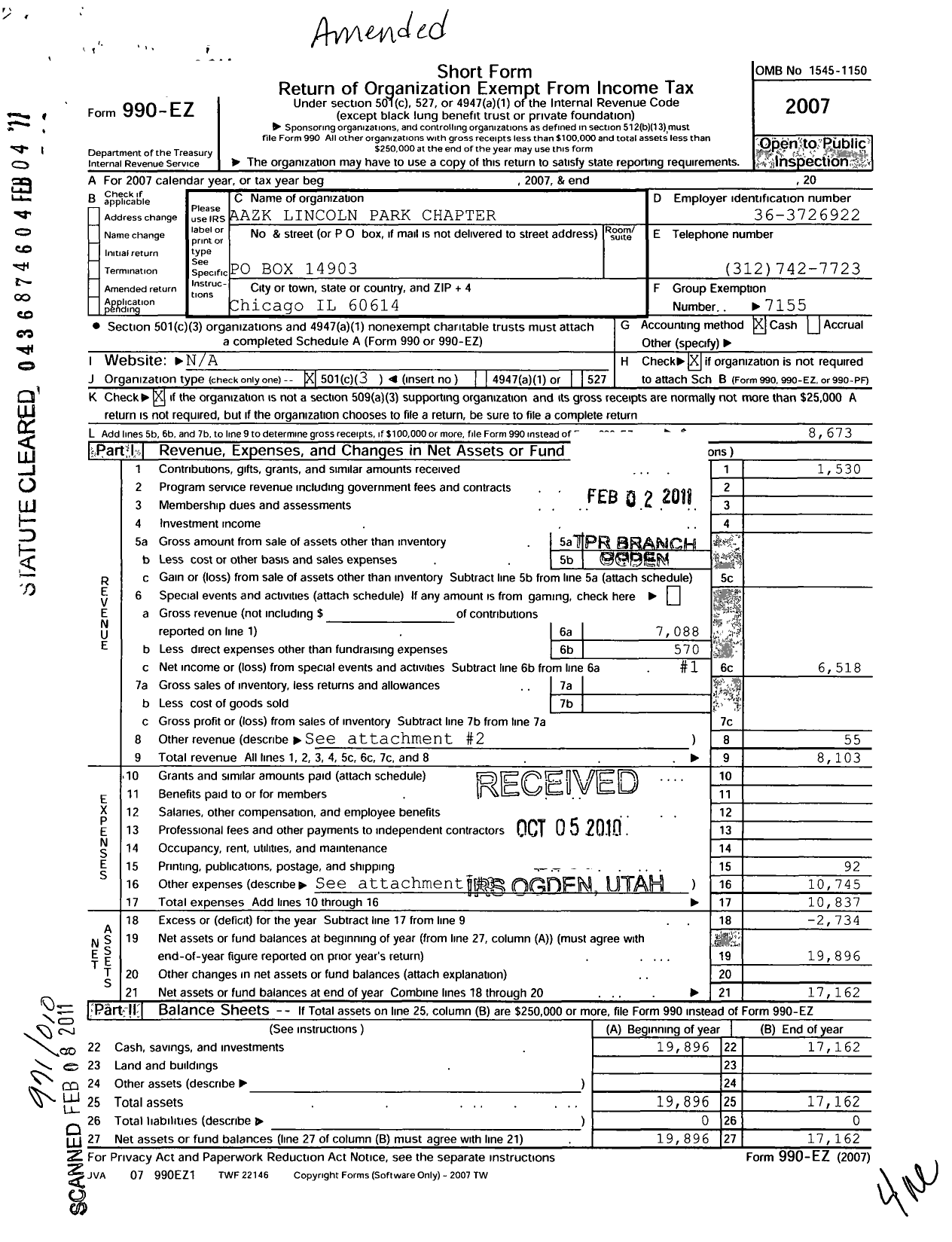 Image of first page of 2007 Form 990EZ for American Association of Zoo Keepers / Lincoln Park Aazk Chapter