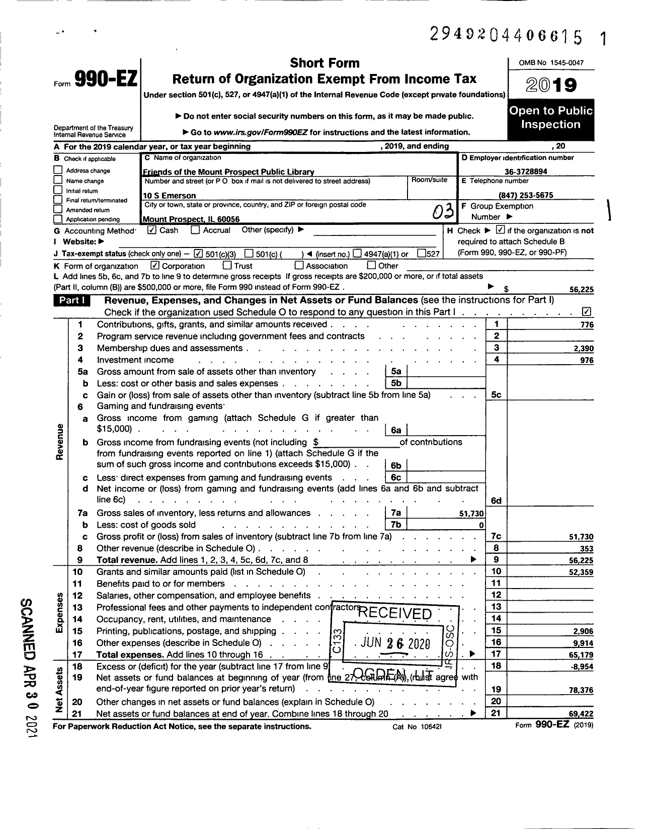 Image of first page of 2019 Form 990EZ for Friends of the Mount Prospect Public Library