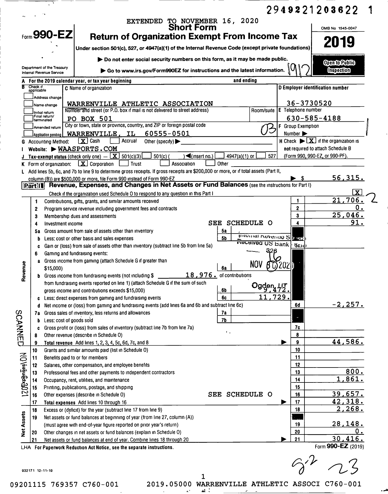 Image of first page of 2019 Form 990EZ for Warrenville Athletic Association