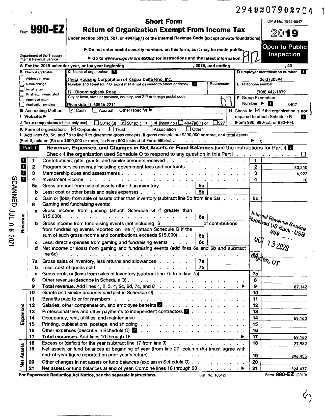 Image of first page of 2019 Form 990EO for Kappa Delta Rho National Fraternity / Theta Housing of Kappa Delta Rho