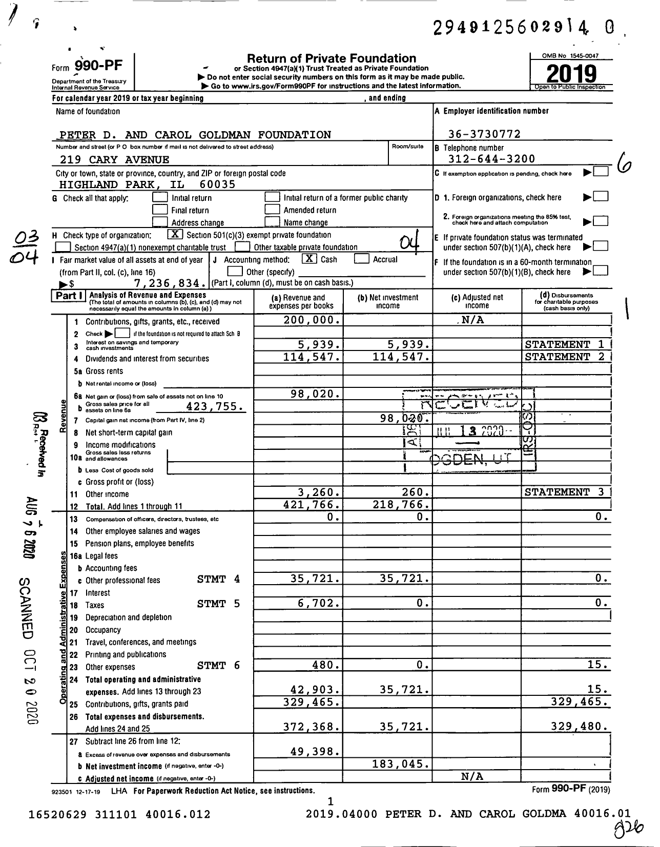 Image of first page of 2019 Form 990PR for Peter D and Carol Goldman Foundation