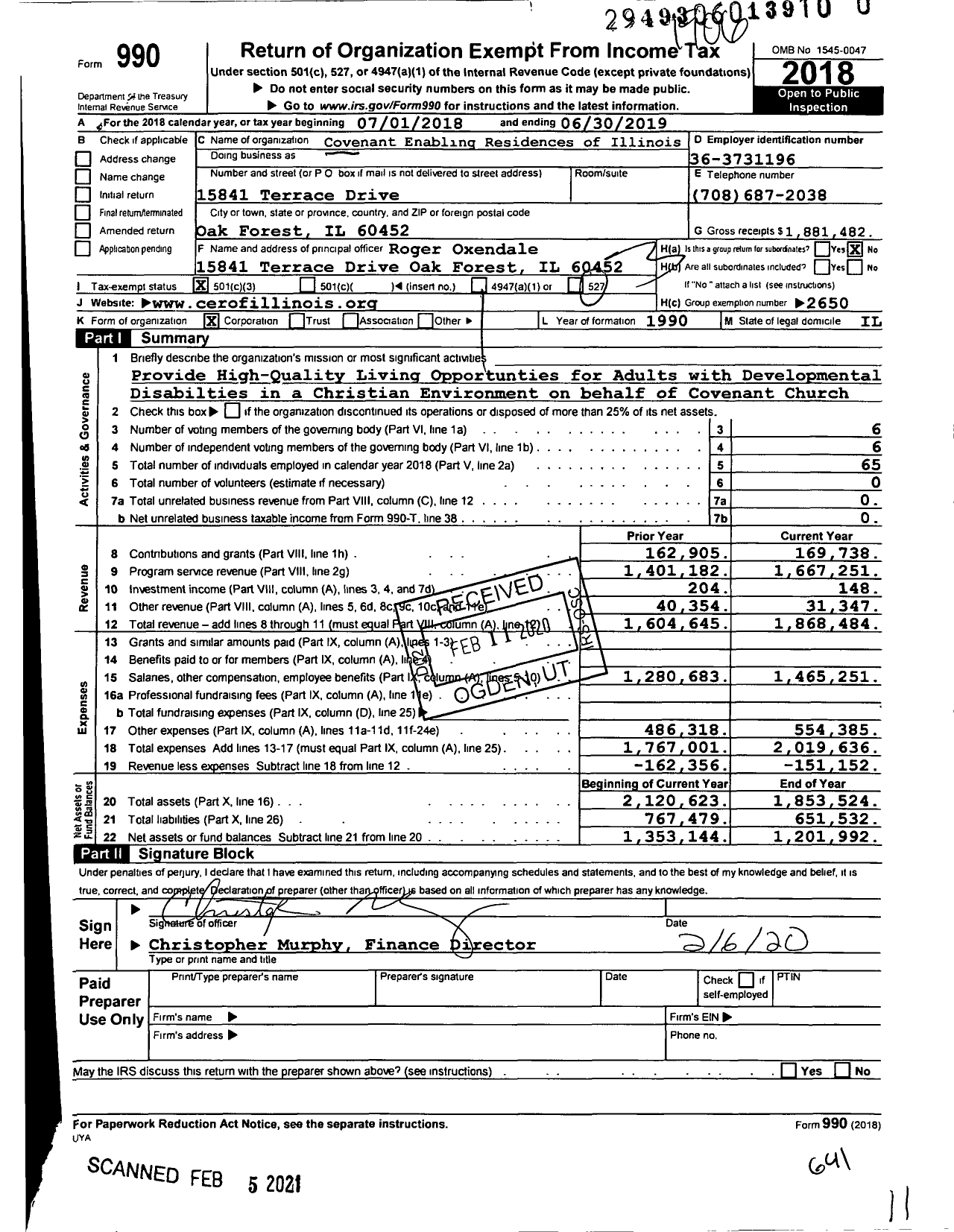 Image of first page of 2018 Form 990 for Covenant Enabling Residences of Illinois Covenant Ability Network of Illinois