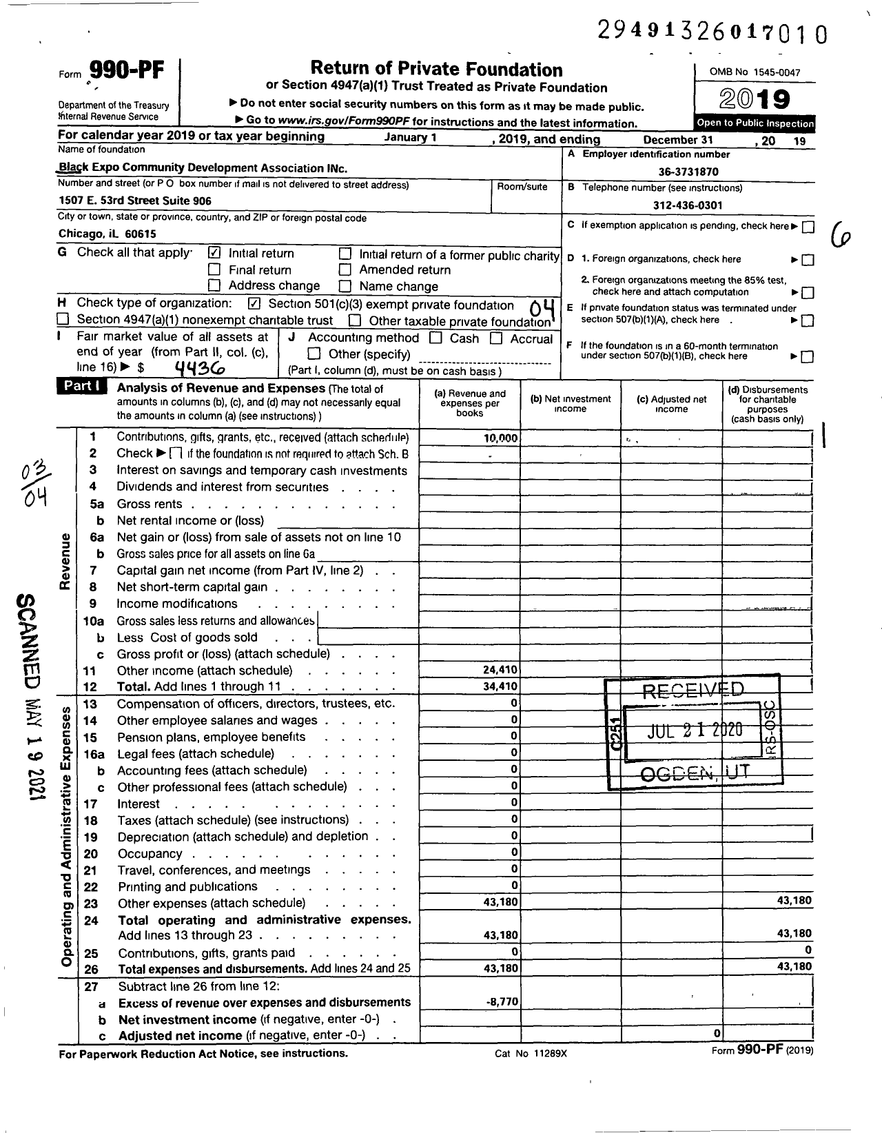 Image of first page of 2019 Form 990PF for Black Expo Community Development Association