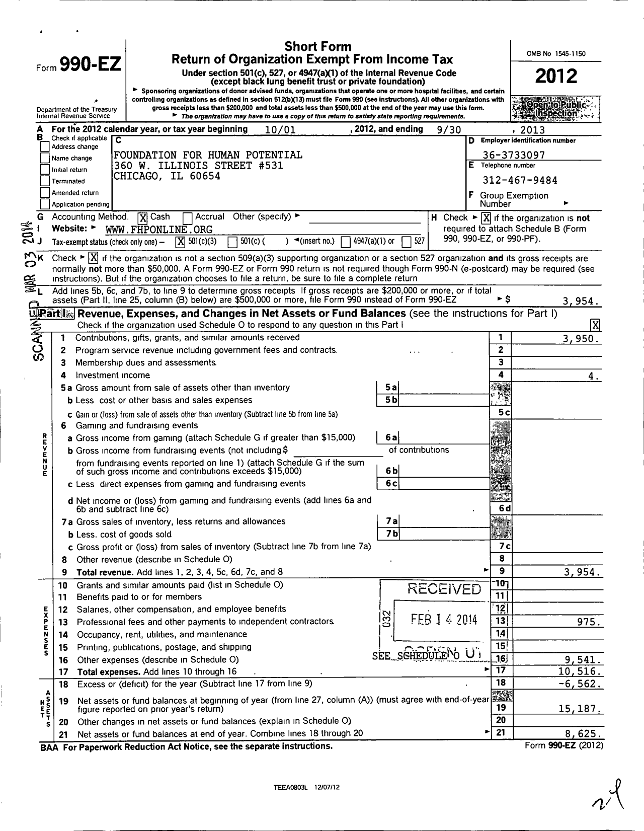 Image of first page of 2012 Form 990EZ for Foundation for Human Potential