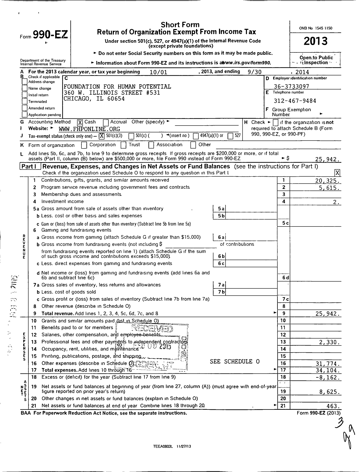 Image of first page of 2013 Form 990EZ for Foundation for Human Potential