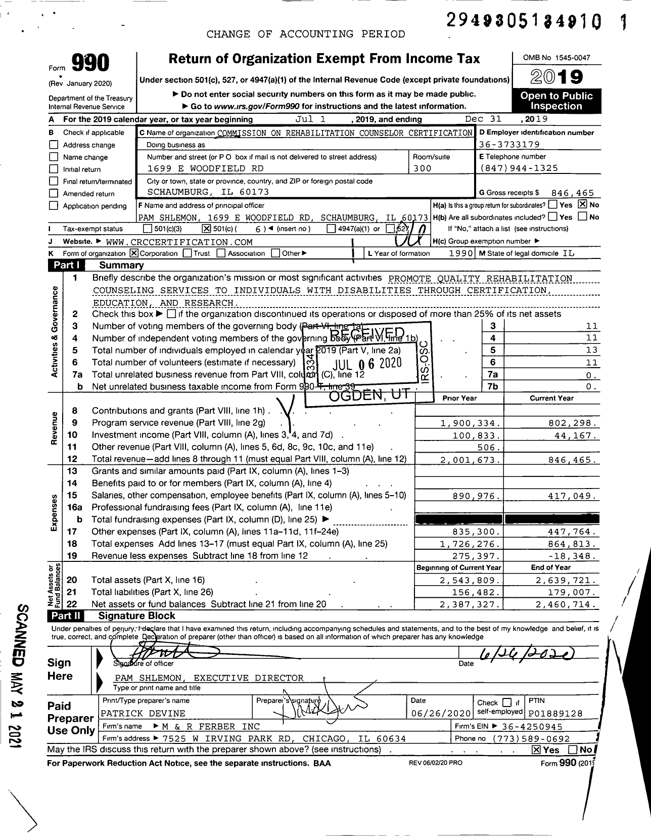 Image of first page of 2019 Form 990O for Commission on Rehabilitation Counselor Certification (CRCC)