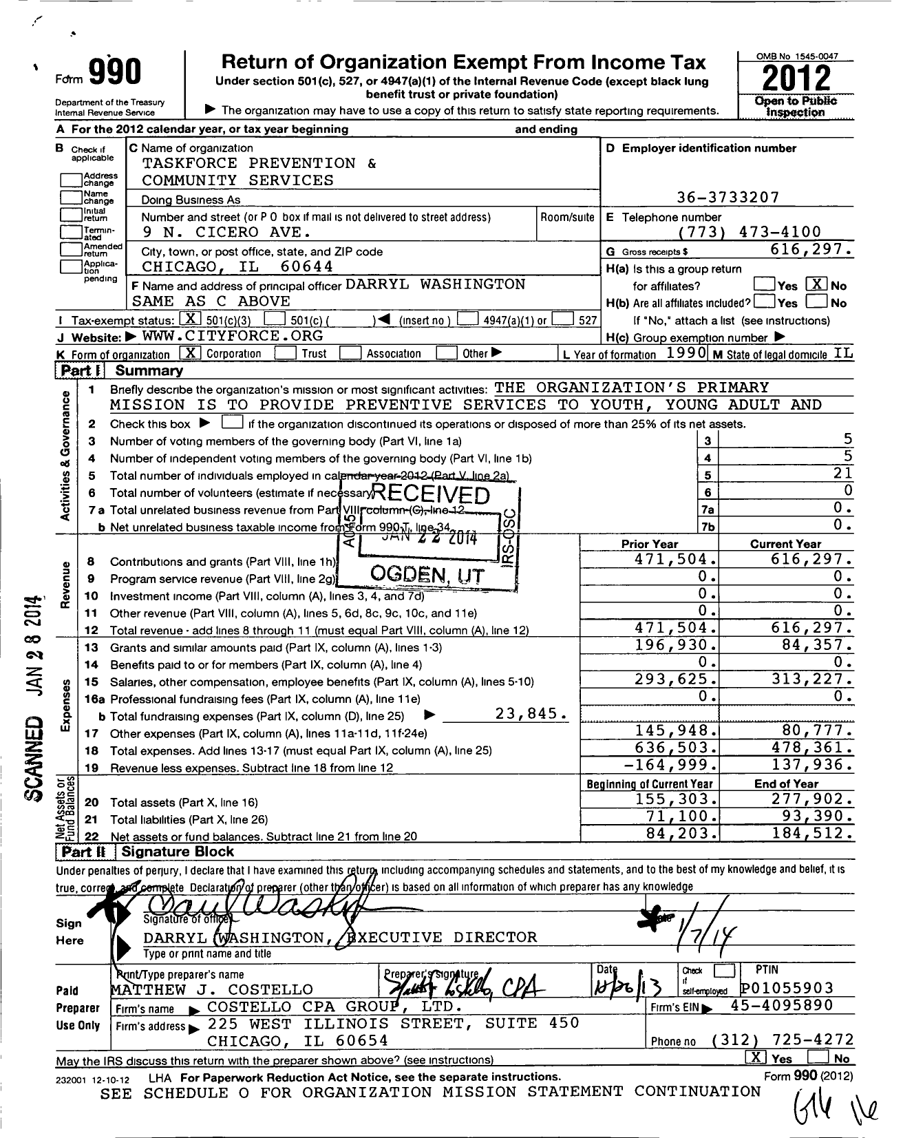 Image of first page of 2012 Form 990 for Taskforce Prevention and Community Services