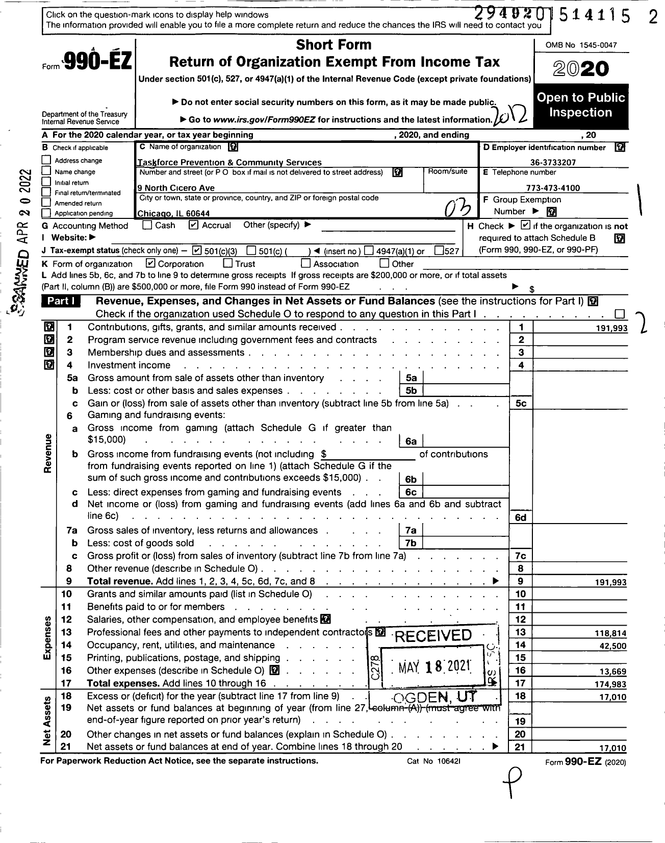 Image of first page of 2020 Form 990EZ for Taskforce Prevention and Community Services