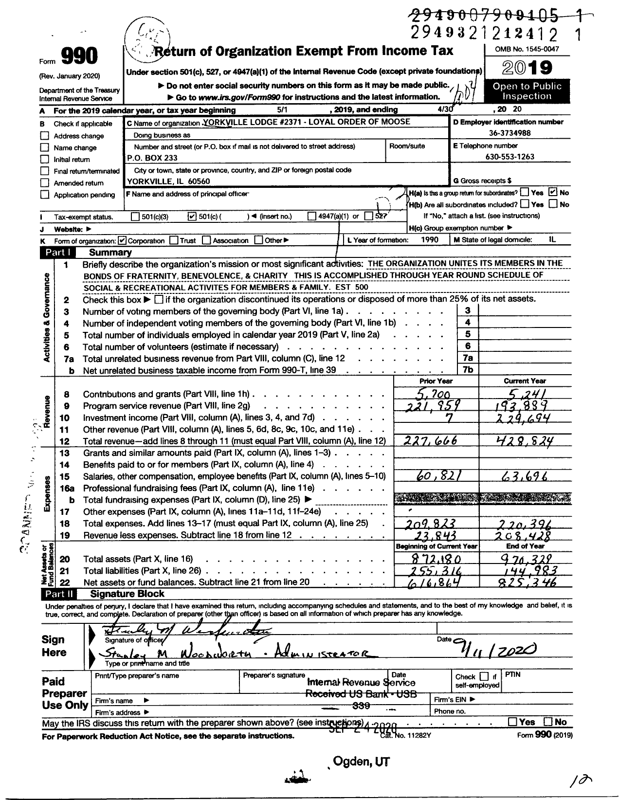 Image of first page of 2019 Form 990 for Loyal Order of Moose - 2371