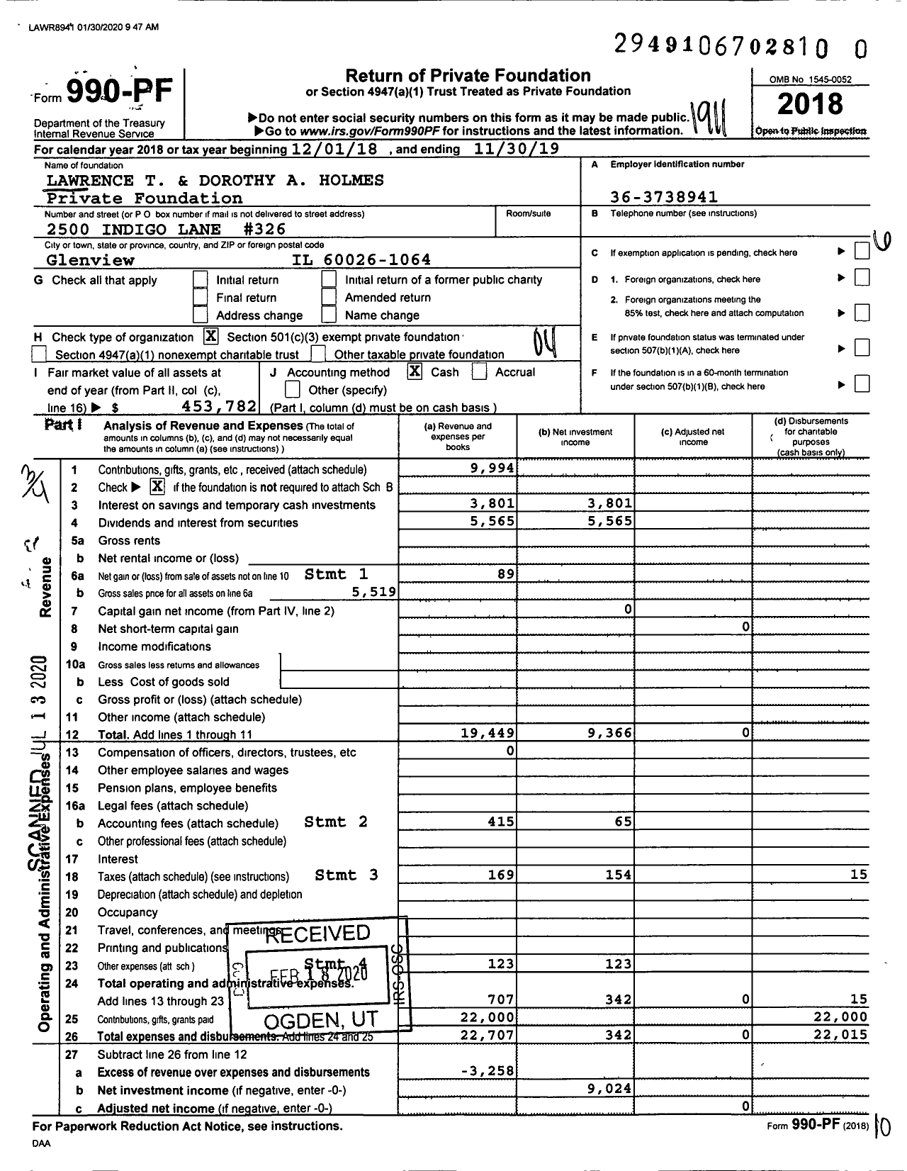 Image of first page of 2018 Form 990PR for Lawrence T & Dorothy A Holmes Private Foundation