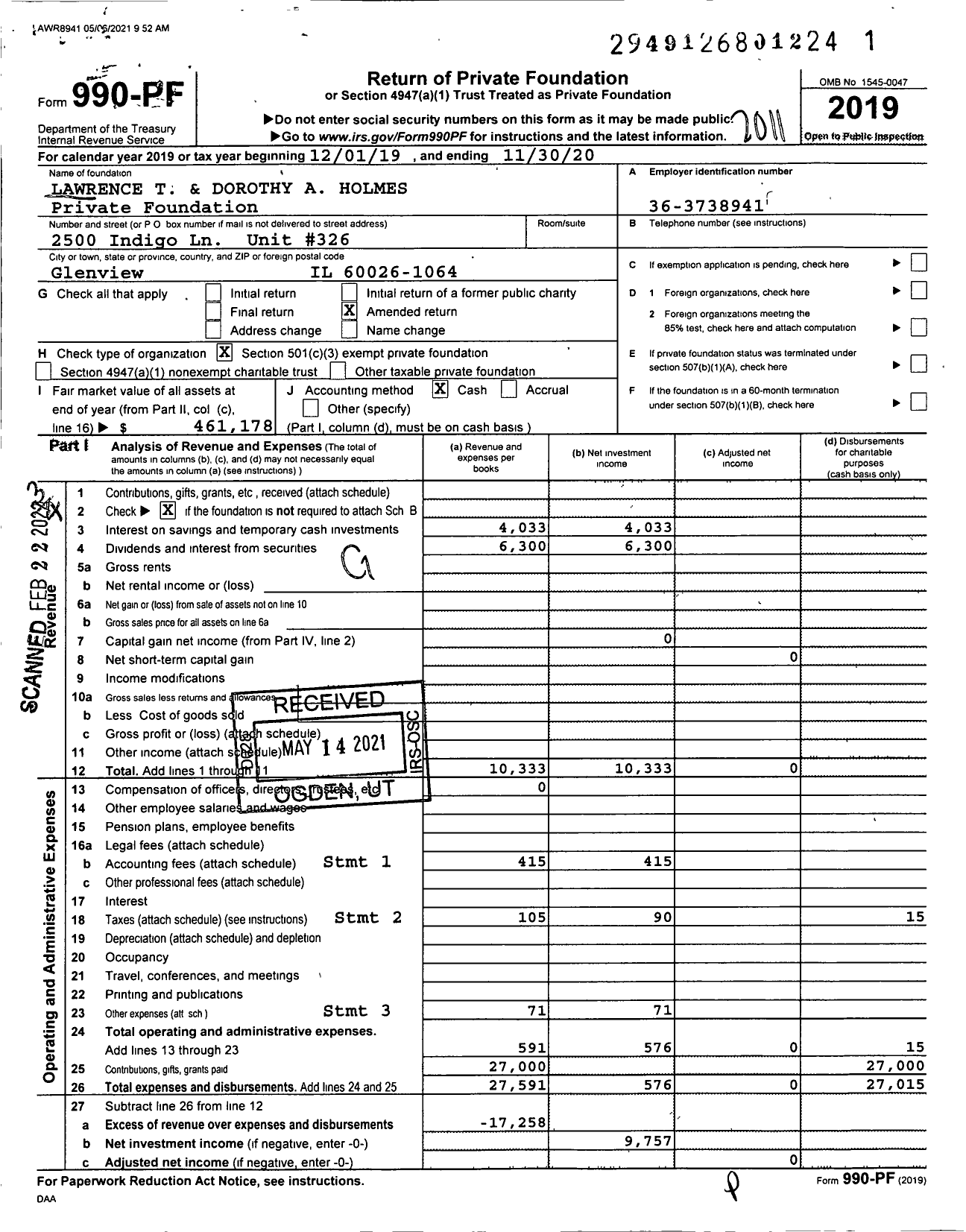 Image of first page of 2019 Form 990PF for Lawrence T & Dorothy A Holmes Private Foundation