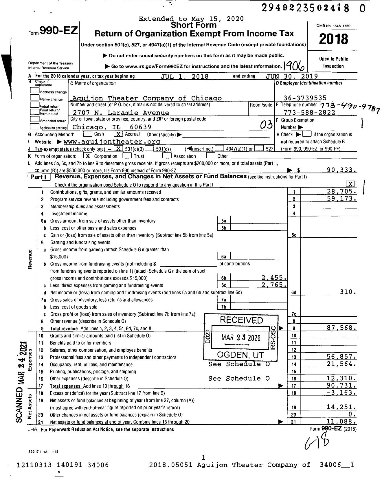 Image of first page of 2018 Form 990EZ for Aguijon Theater Company of Chicago