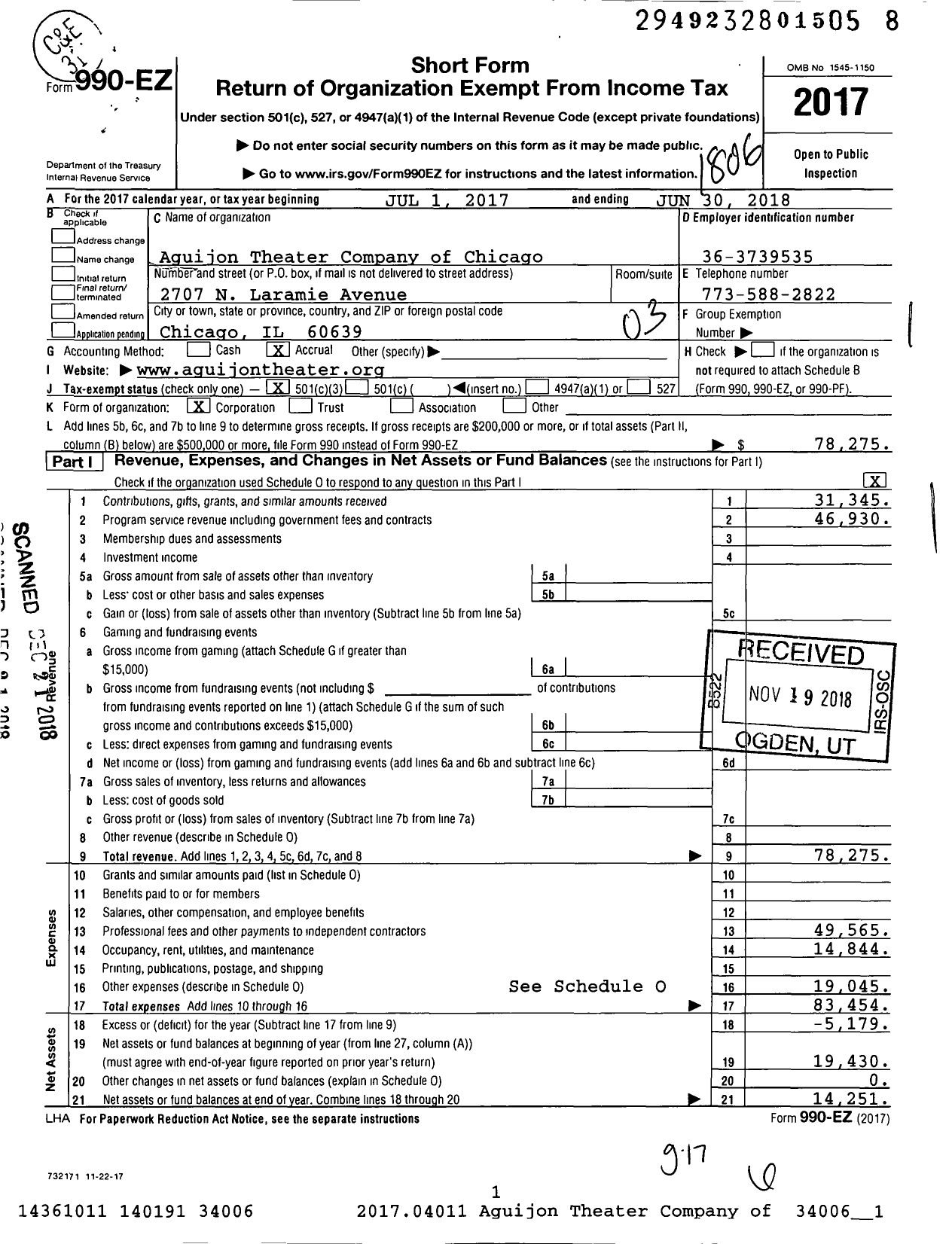 Image of first page of 2017 Form 990EZ for Aguijon Theater Company of Chicago