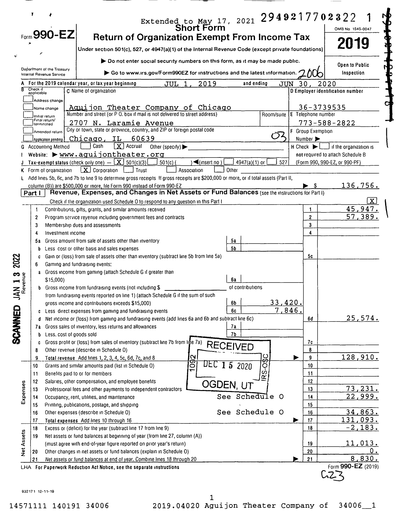 Image of first page of 2019 Form 990EZ for Aguijon Theater Company of Chicago