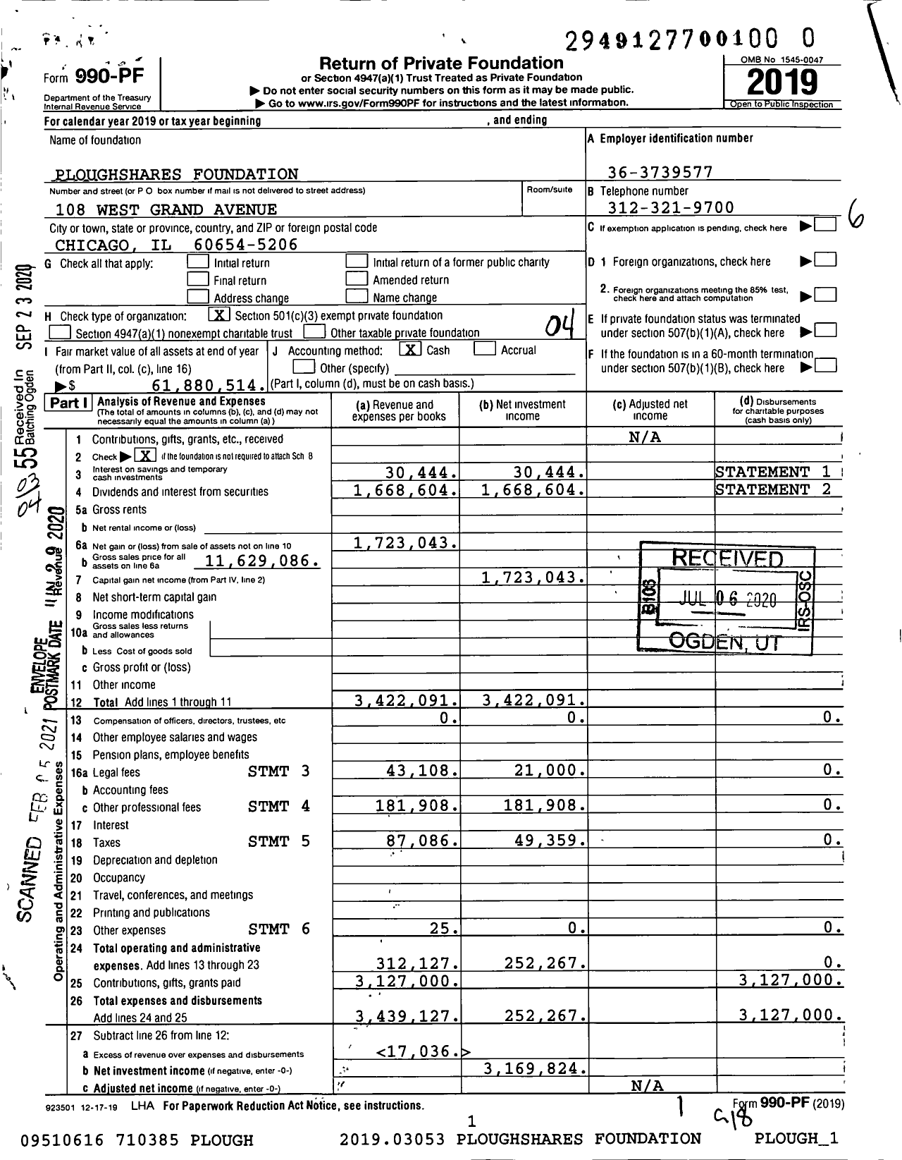 Image of first page of 2019 Form 990PF for Ploughshares Foundation