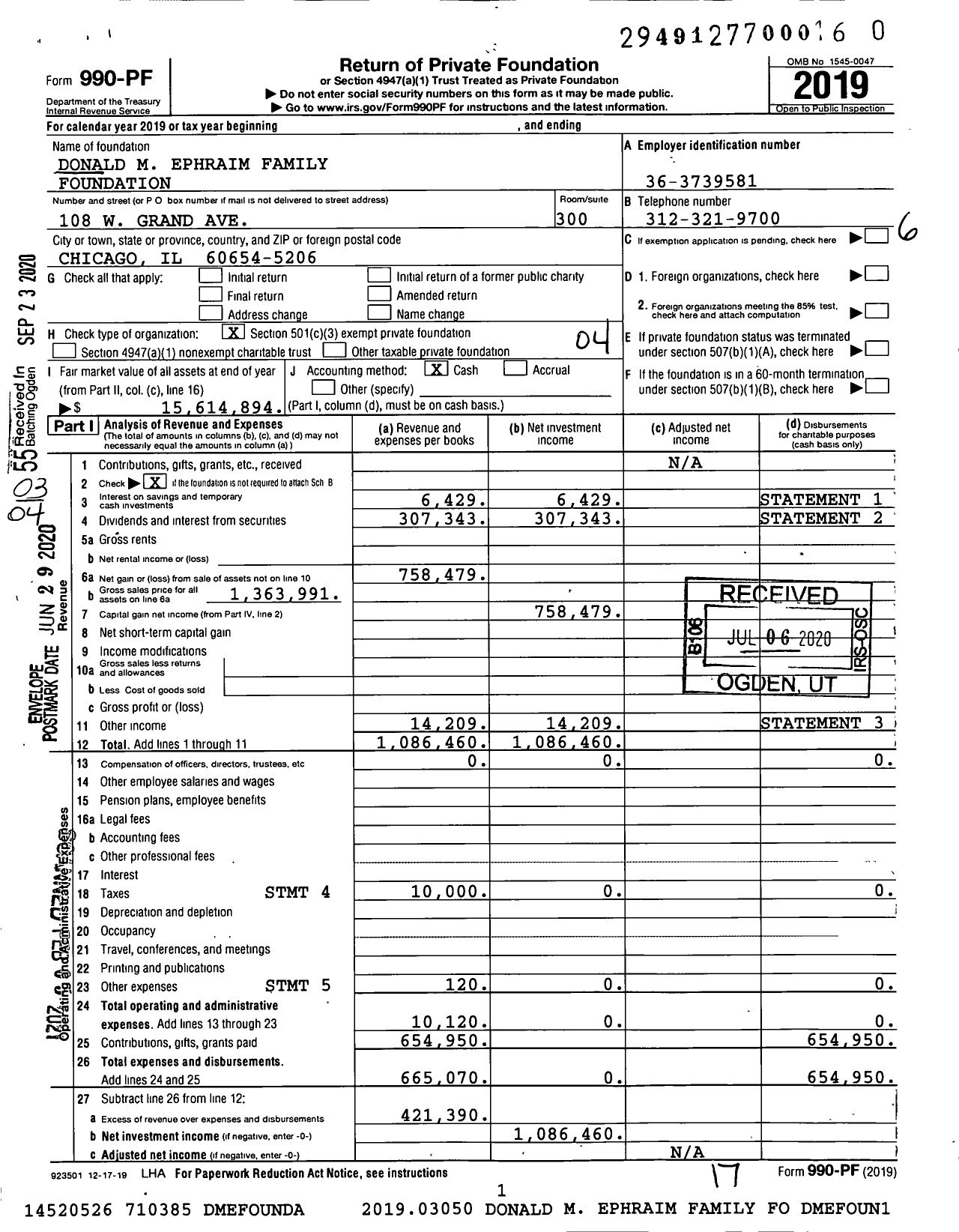 Image of first page of 2019 Form 990PF for Donald M Ephraim Family Foundation