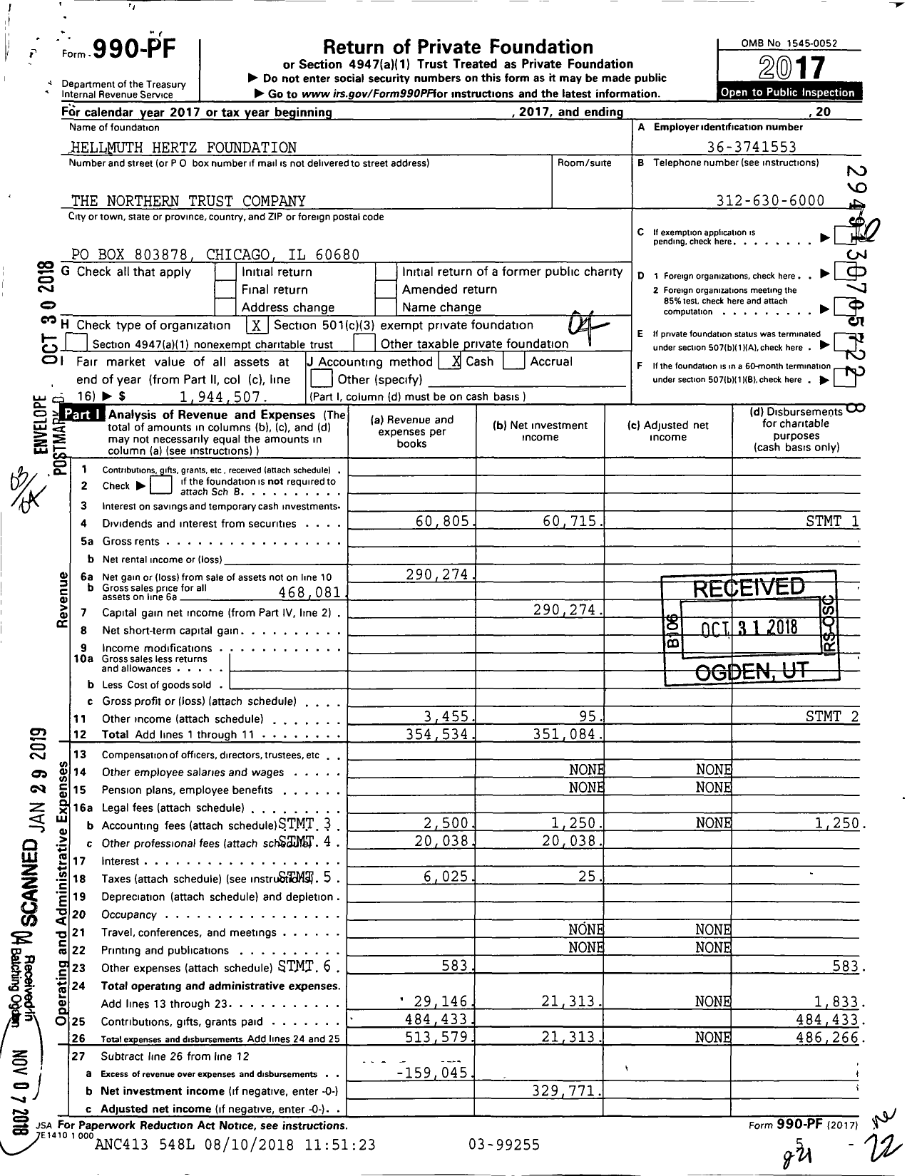 Image of first page of 2017 Form 990PF for Hellmuth Hertz Foundation