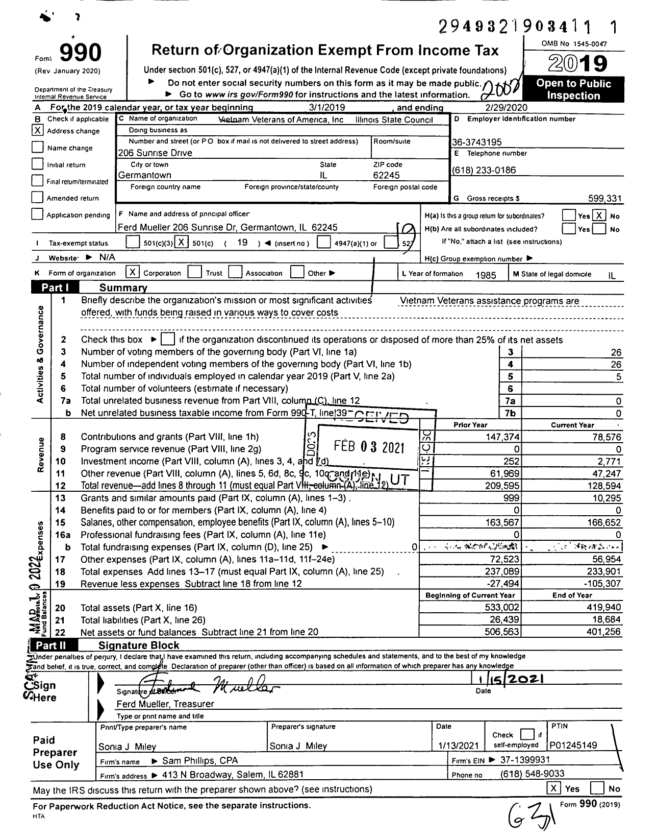 Image of first page of 2019 Form 990O for Vietnam Veterans of America - Alfred P Huber