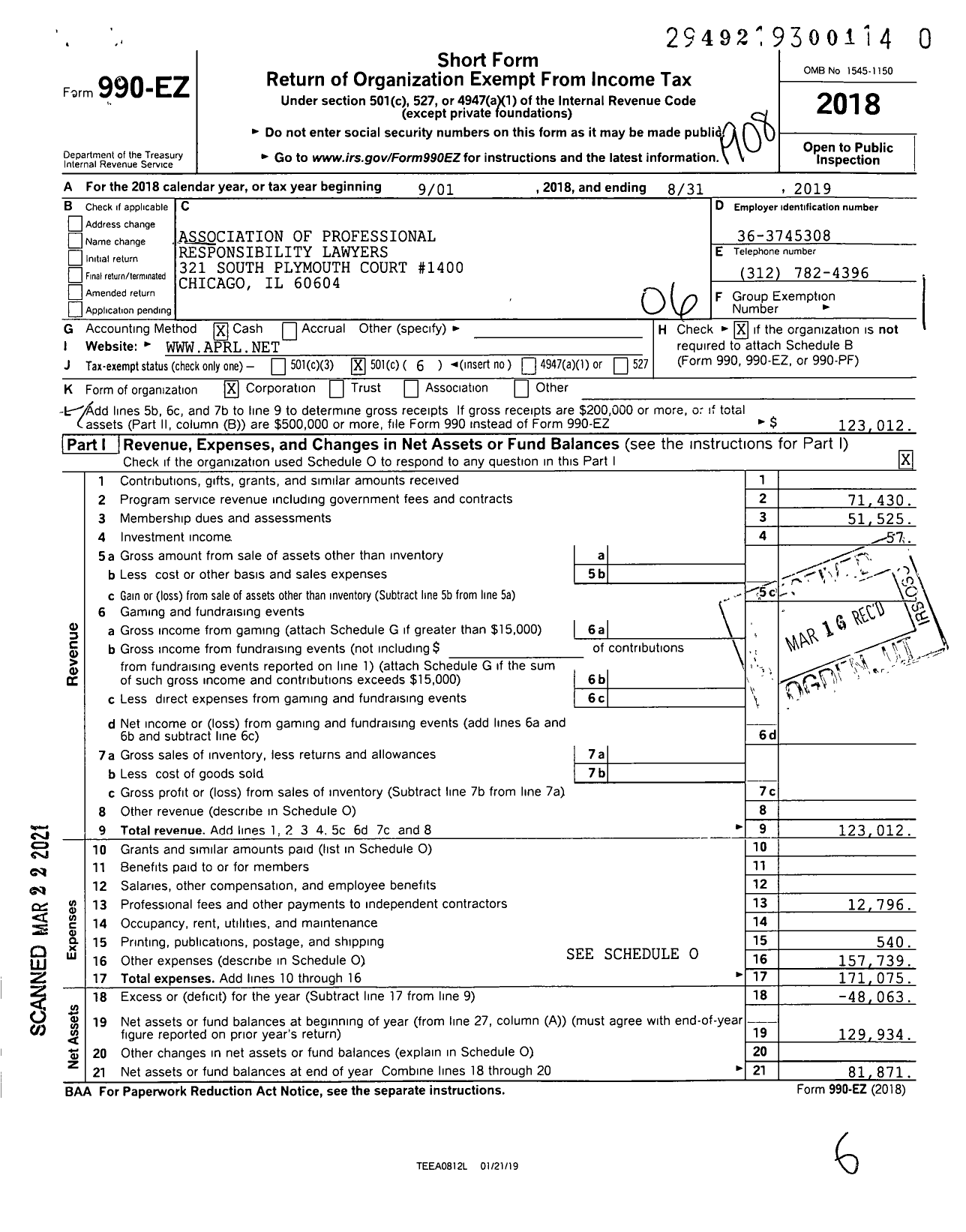 Image of first page of 2018 Form 990EO for Association of Professional Responsibility Lawyers