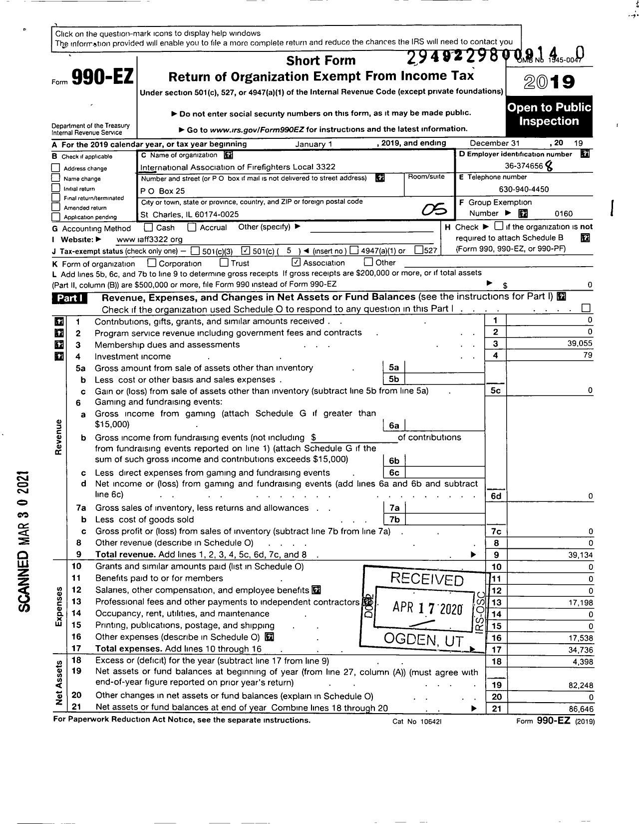 Image of first page of 2019 Form 990EO for International Association of Fire Fighters - L3322 Saint Charles Fire Department