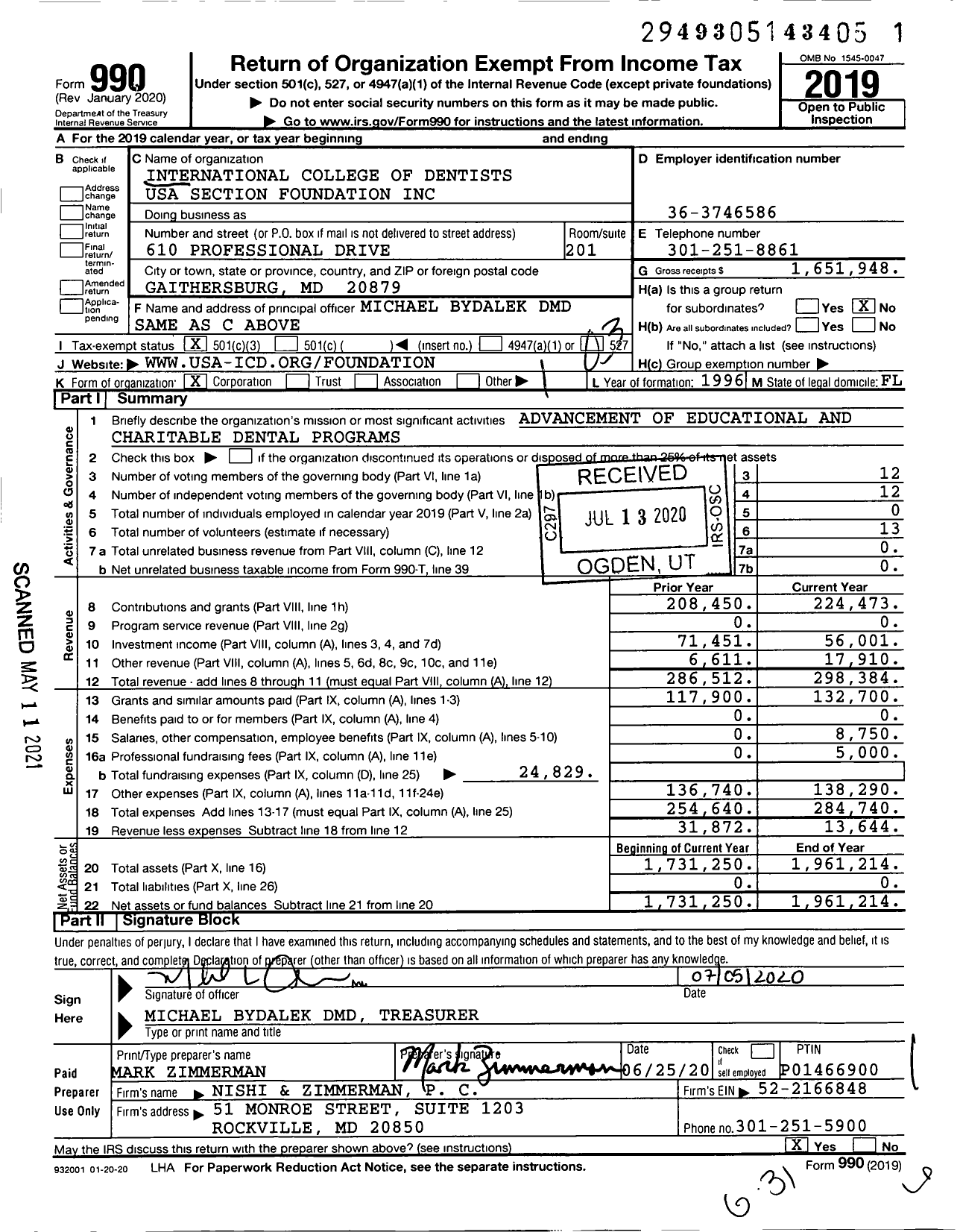 Image of first page of 2019 Form 990 for International College of Dentists USA Section Foundation