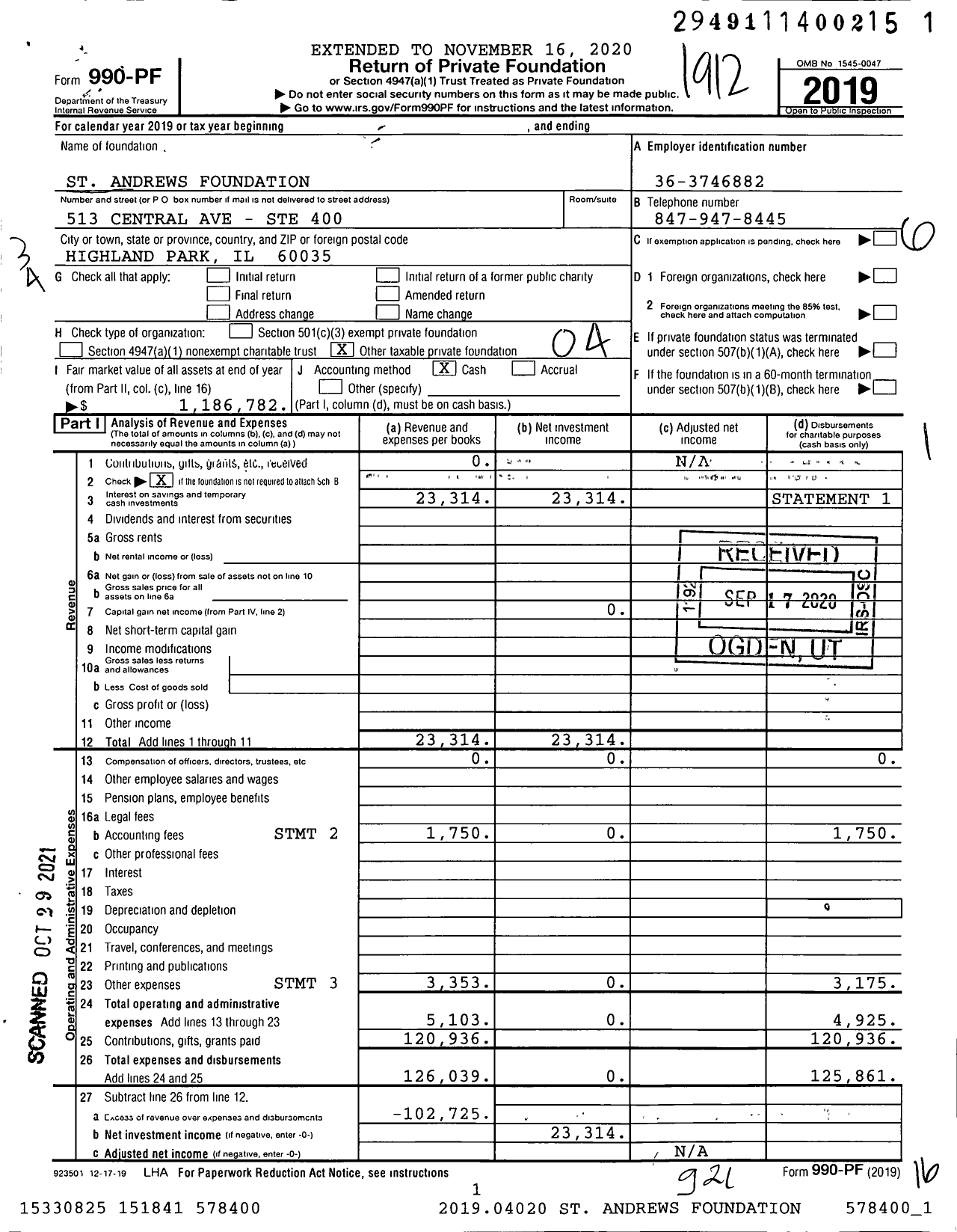 Image of first page of 2019 Form 990PF for St Andrews Foundation