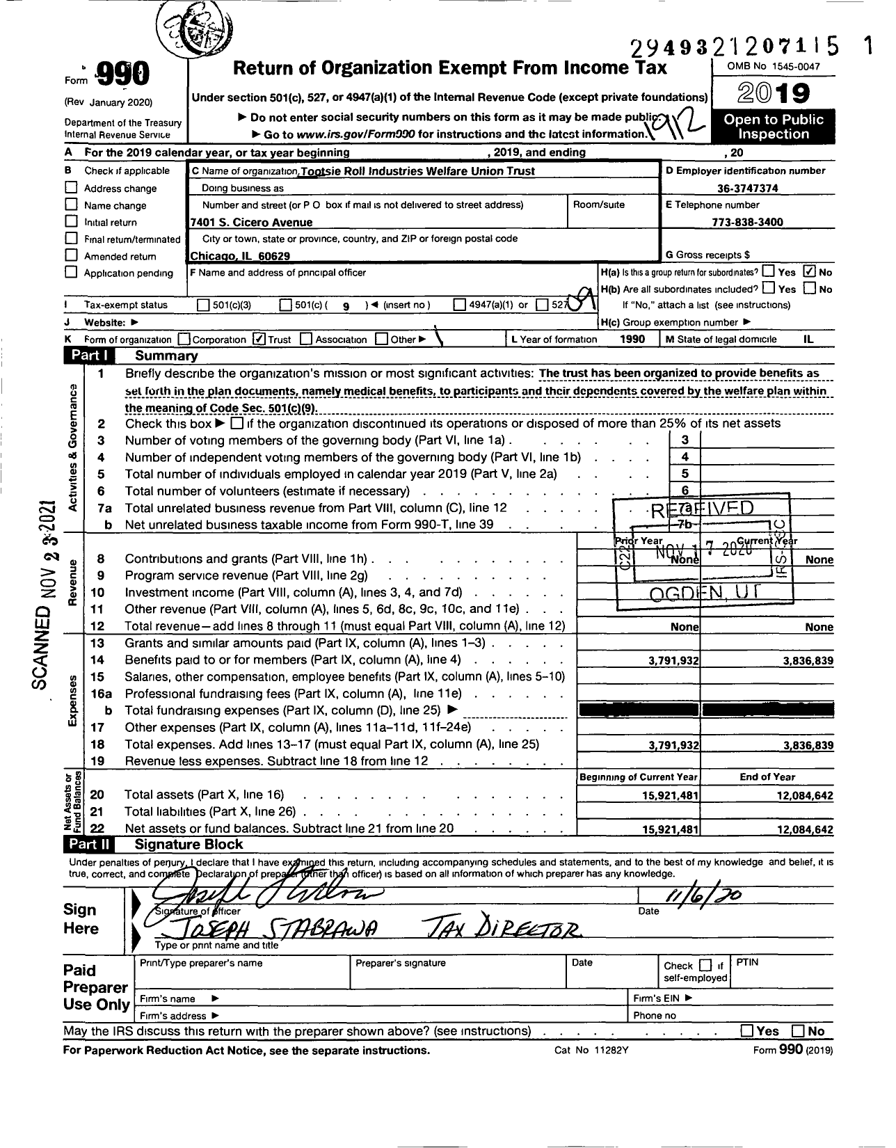 Image of first page of 2019 Form 990O for Tootsie Roll Industries Welfare Union Trust
